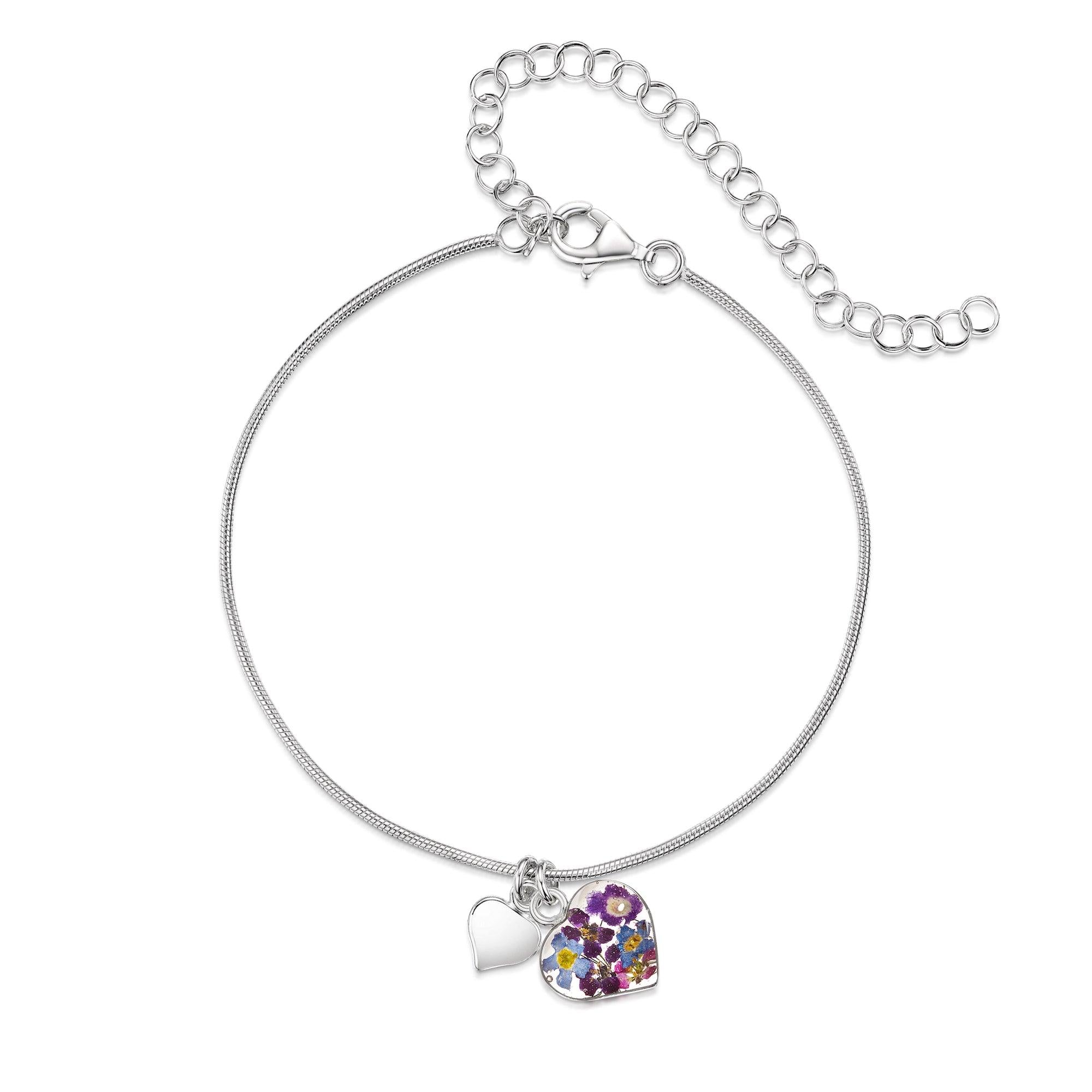 Sterling silver snake anklet or bracelet featuring a heart design and purple haze accents, suitable for large wrists.