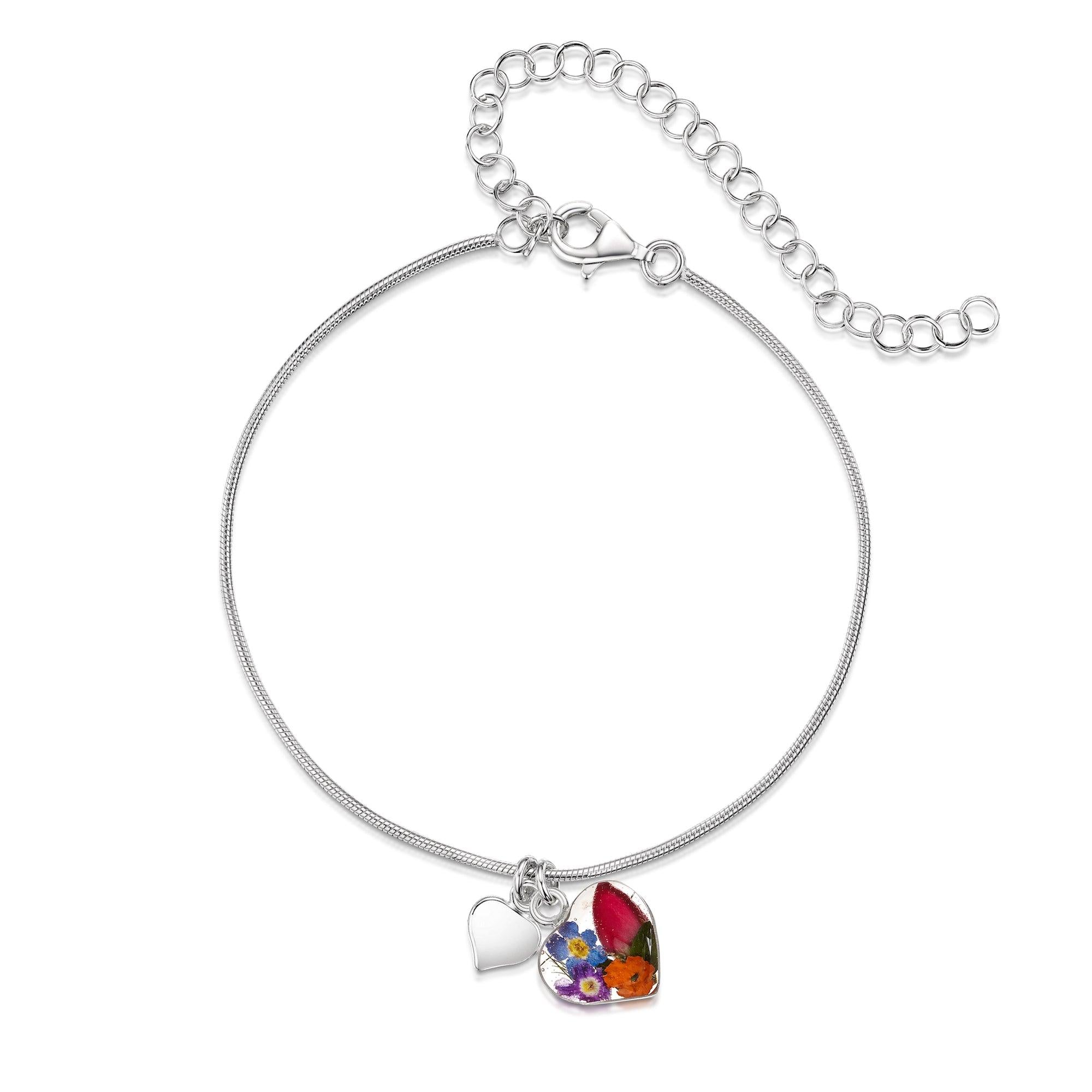 Sterling silver snake chain anklet or bracelet featuring a heart charm with real flowers, designed for large wrists.