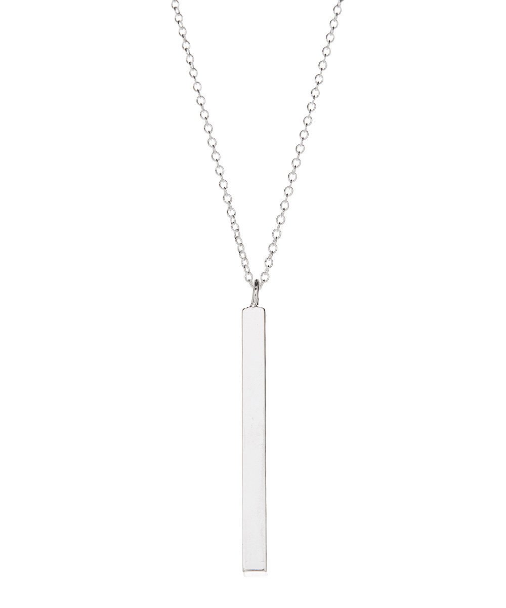 Sterling Silver Vertical Bar Necklace featuring a sleek design with an 18-inch chain and a modern vertical bar pendant.