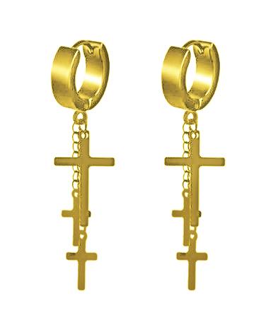 STIRRING Steel Earrings featuring a unique triple cross design in gold, black, and silver colors, showcasing their elegant craftsmanship.