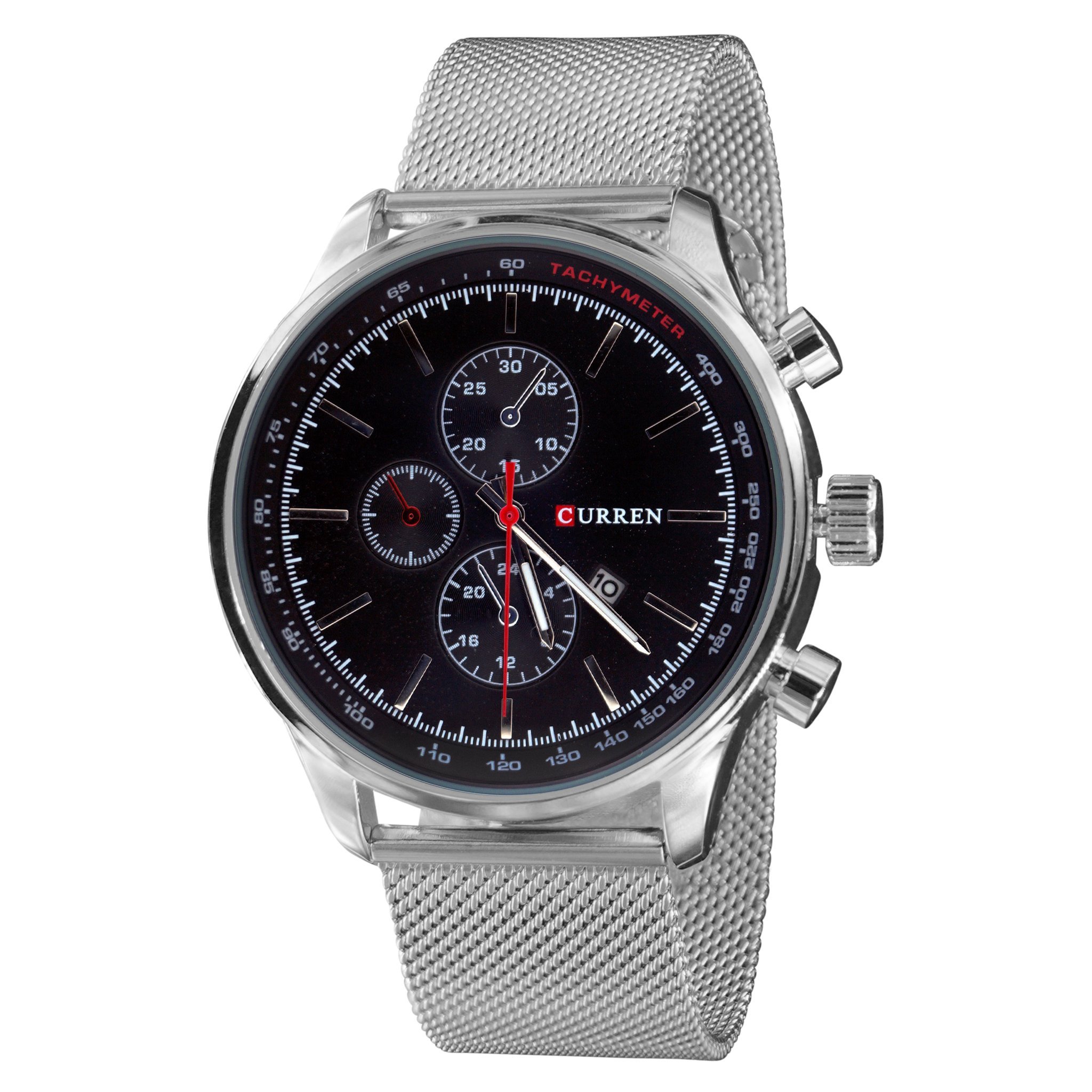 Silver Chronograph Wristwatch with Mesh Band.