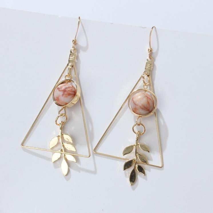 Elegant Stone Ball and Leaf in Triangle Earrings made from alloy with a unique design.