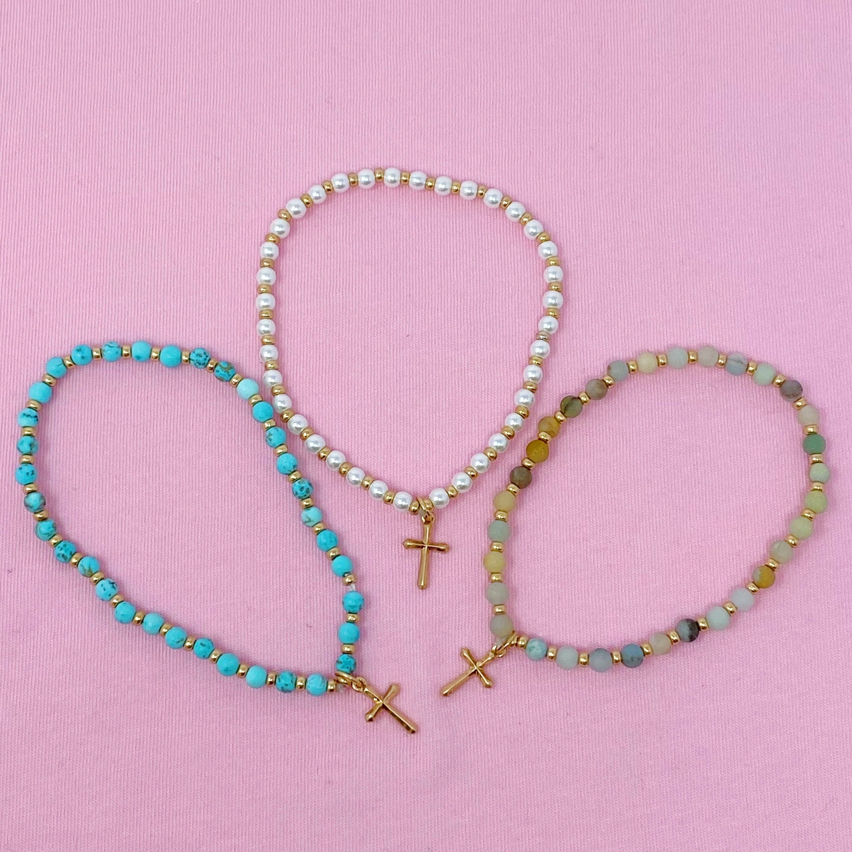 Stone Bead Cross Anklet featuring semi-precious stones and a gold-plated cross charm, elegantly displayed on a soft background.