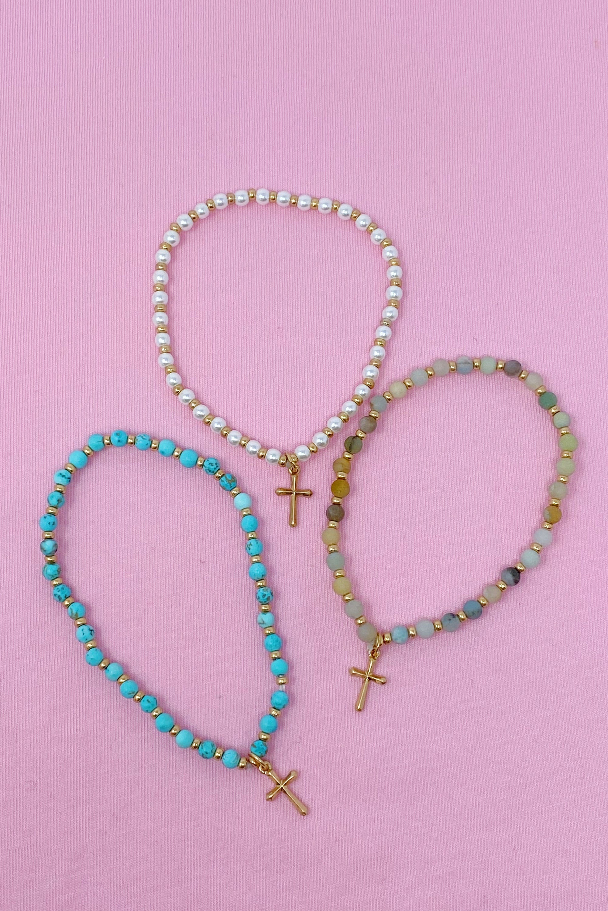 Stone Bead Cross Anklet featuring semi-precious stones and a gold-plated cross charm, elegantly displayed on a soft background.