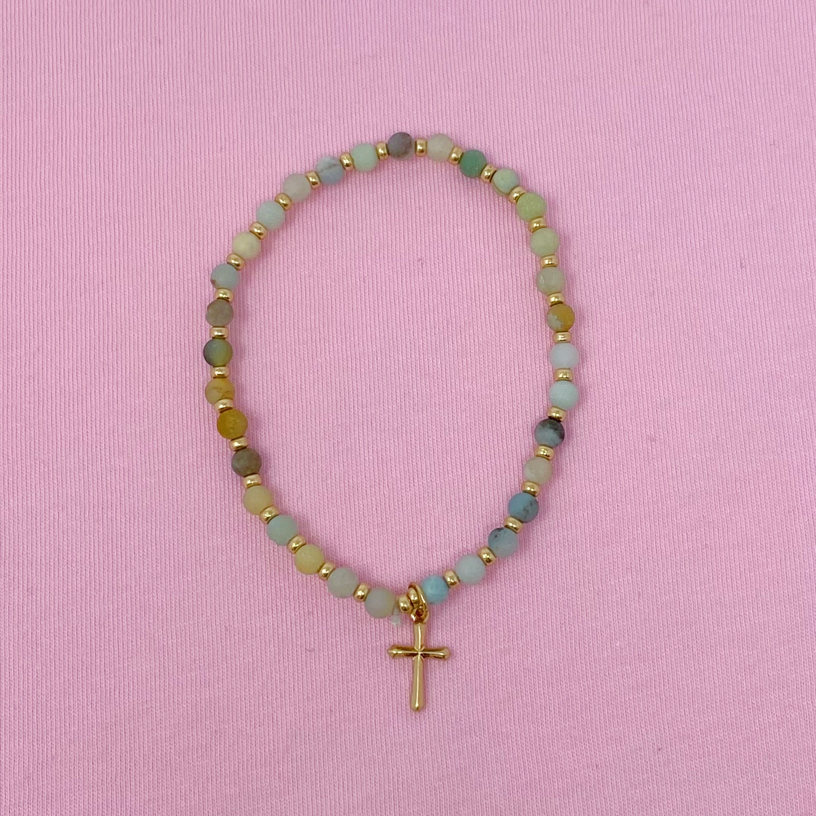 Stone Bead Cross Anklet featuring semi-precious stones and a gold-plated cross charm, elegantly displayed on a soft background.