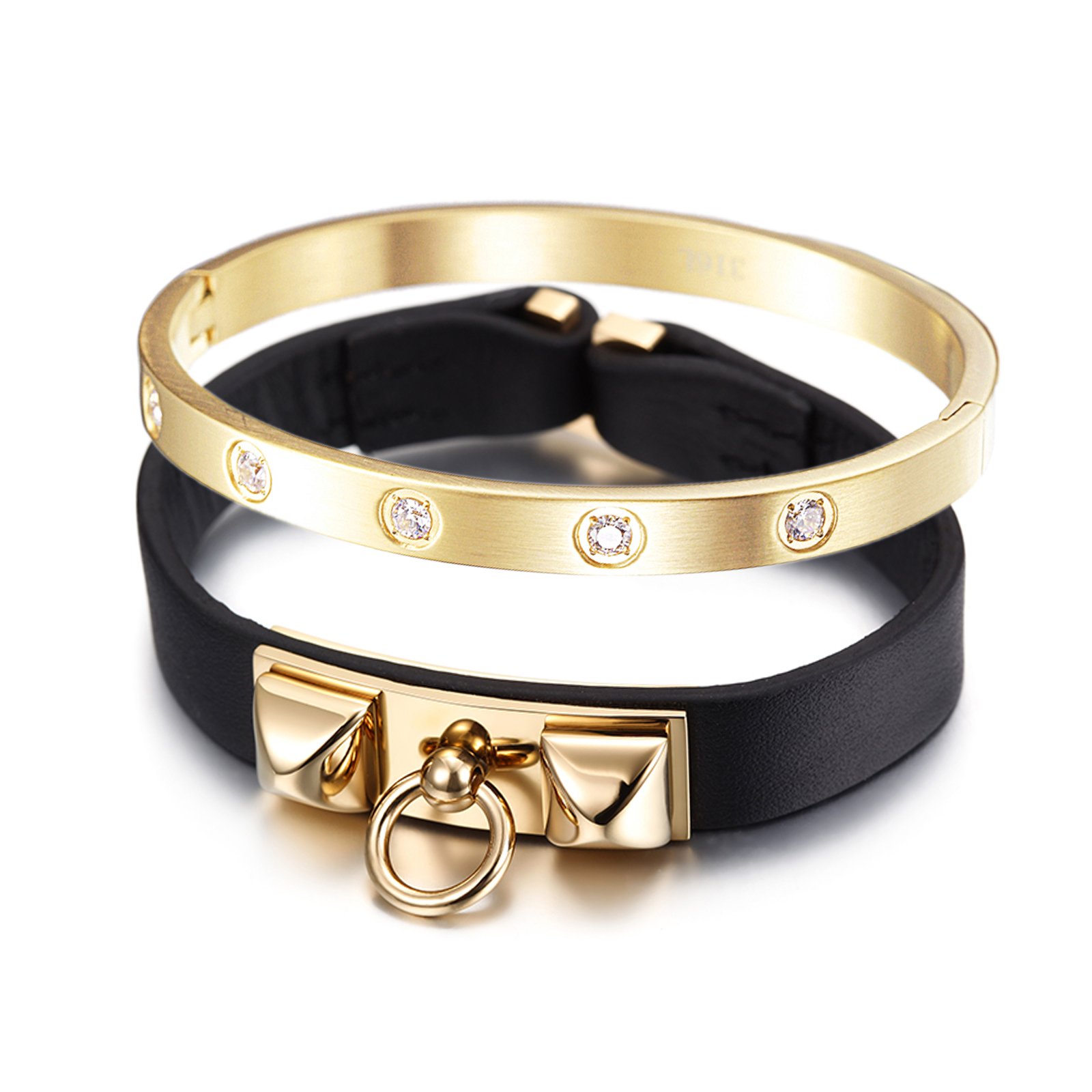 Stylish Stone and Leather Bracelet Set featuring 14K gold plating and sparkling cubic zirconia stones.