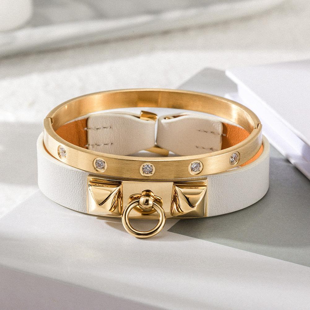 Stylish Stone and Leather Bracelet Set featuring 14K gold plating and sparkling cubic zirconia stones.