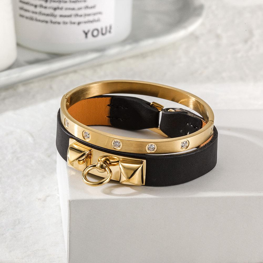 Stylish Stone and Leather Bracelet Set featuring 14K gold plating and sparkling cubic zirconia stones.