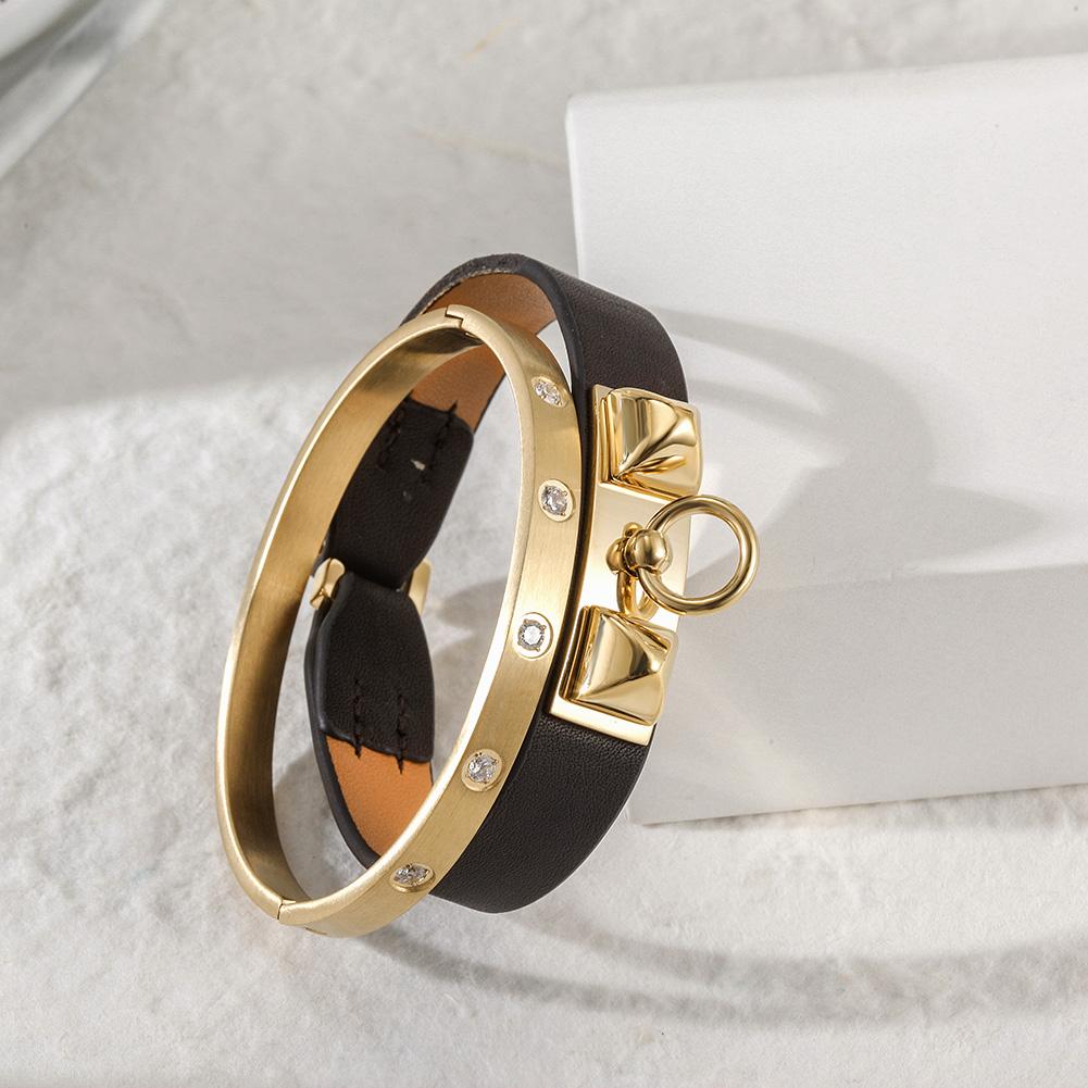 Stylish Stone and Leather Bracelet Set featuring 14K gold plating and sparkling cubic zirconia stones.