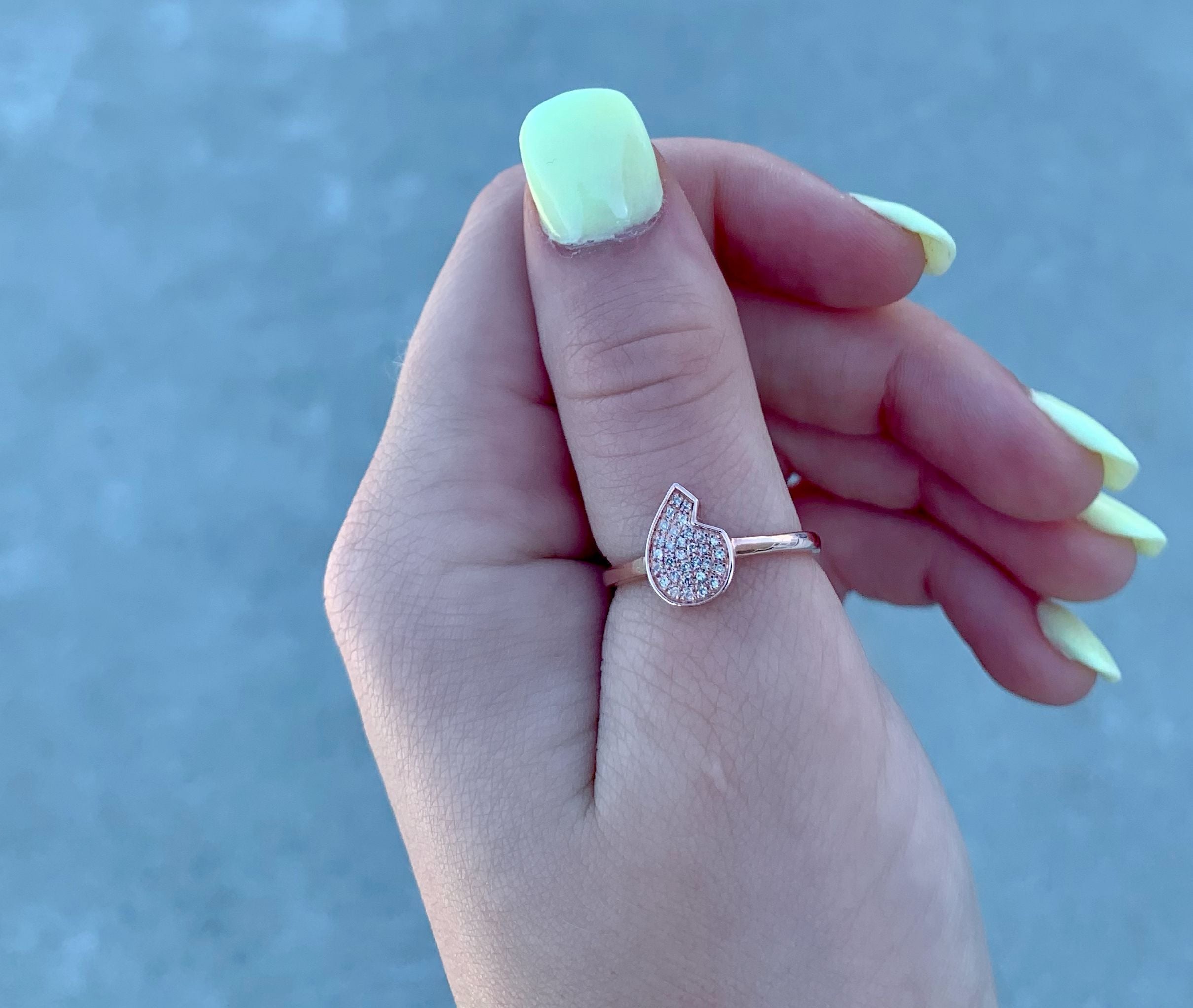 Street Cycle Open Teardrop Diamond Ring in 14K Rose Gold Vermeil, featuring a delicate design with genuine diamonds set in a micro pave style.