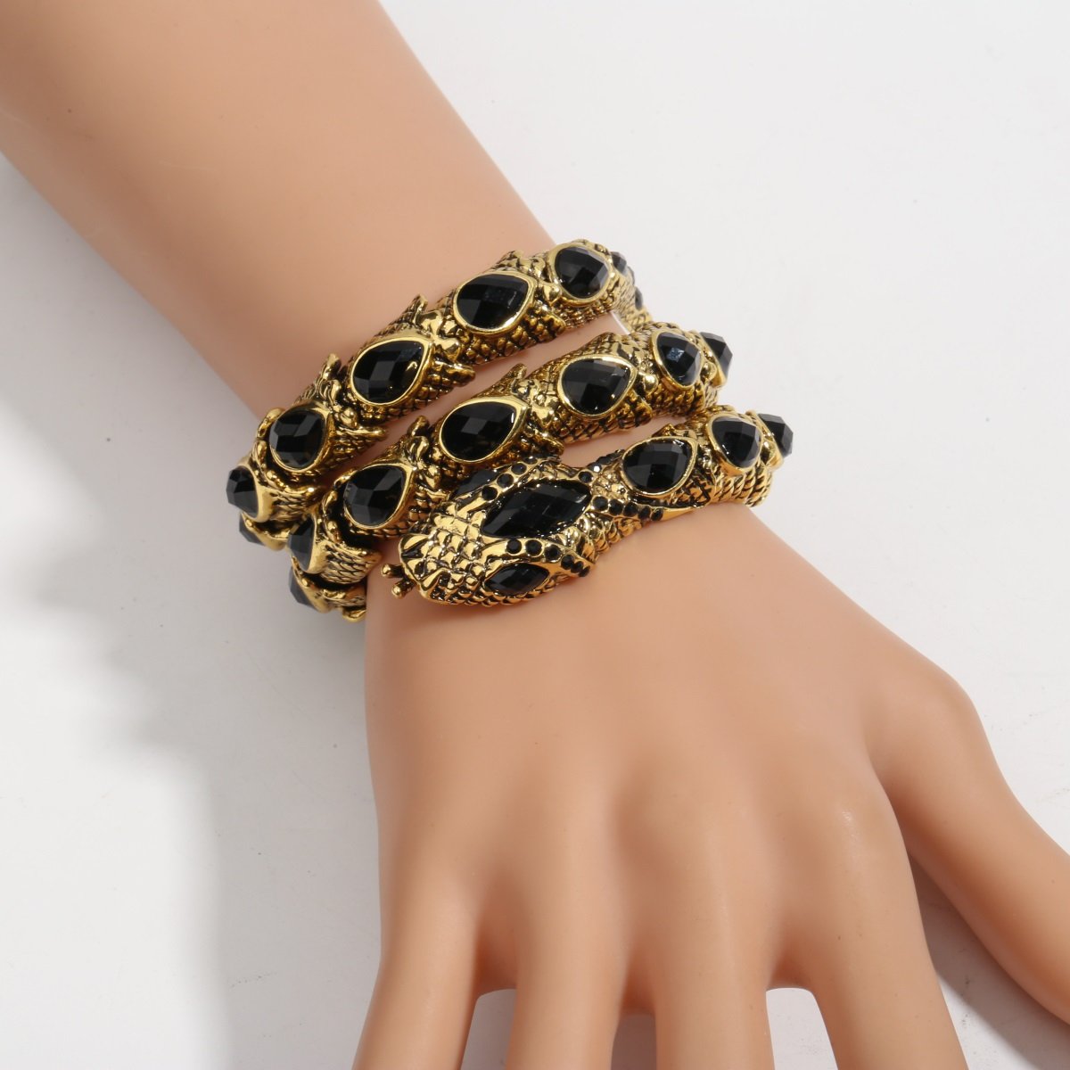 Stretch Snake Bracelet Armlet featuring a unique snake design, crafted from zinc alloy with antique gold plating and crystal accents.