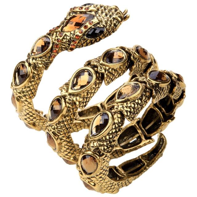 Stretch Snake Bracelet Armlet featuring a unique snake design, crafted from zinc alloy with antique gold plating and crystal accents.