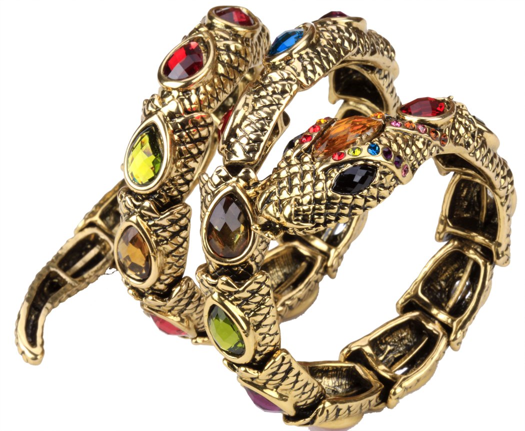 Stretch Snake Bracelet Armlet featuring a unique snake design, crafted from zinc alloy with antique gold plating and crystal accents.