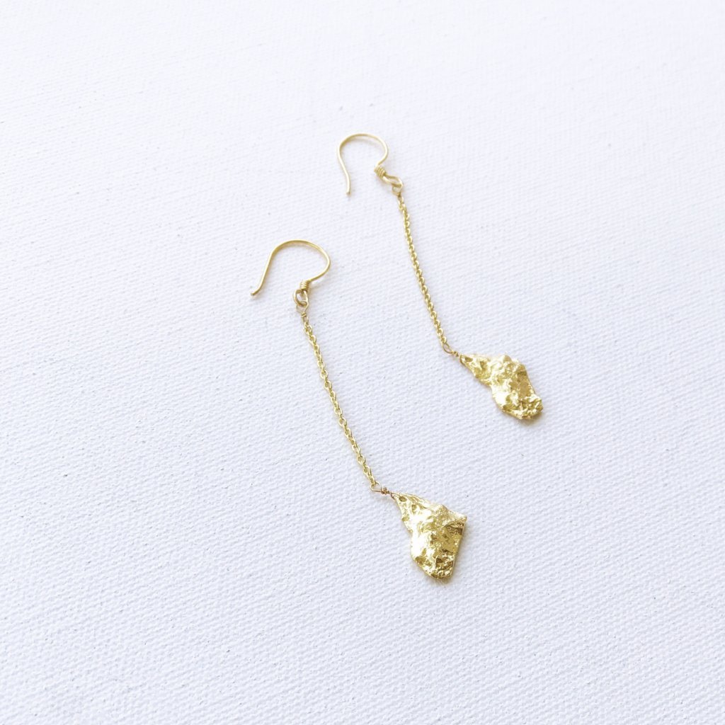 Elegant Studio 54 Gold Nugget Earrings with 24kt gold overlay, featuring delicate chains and French wires.