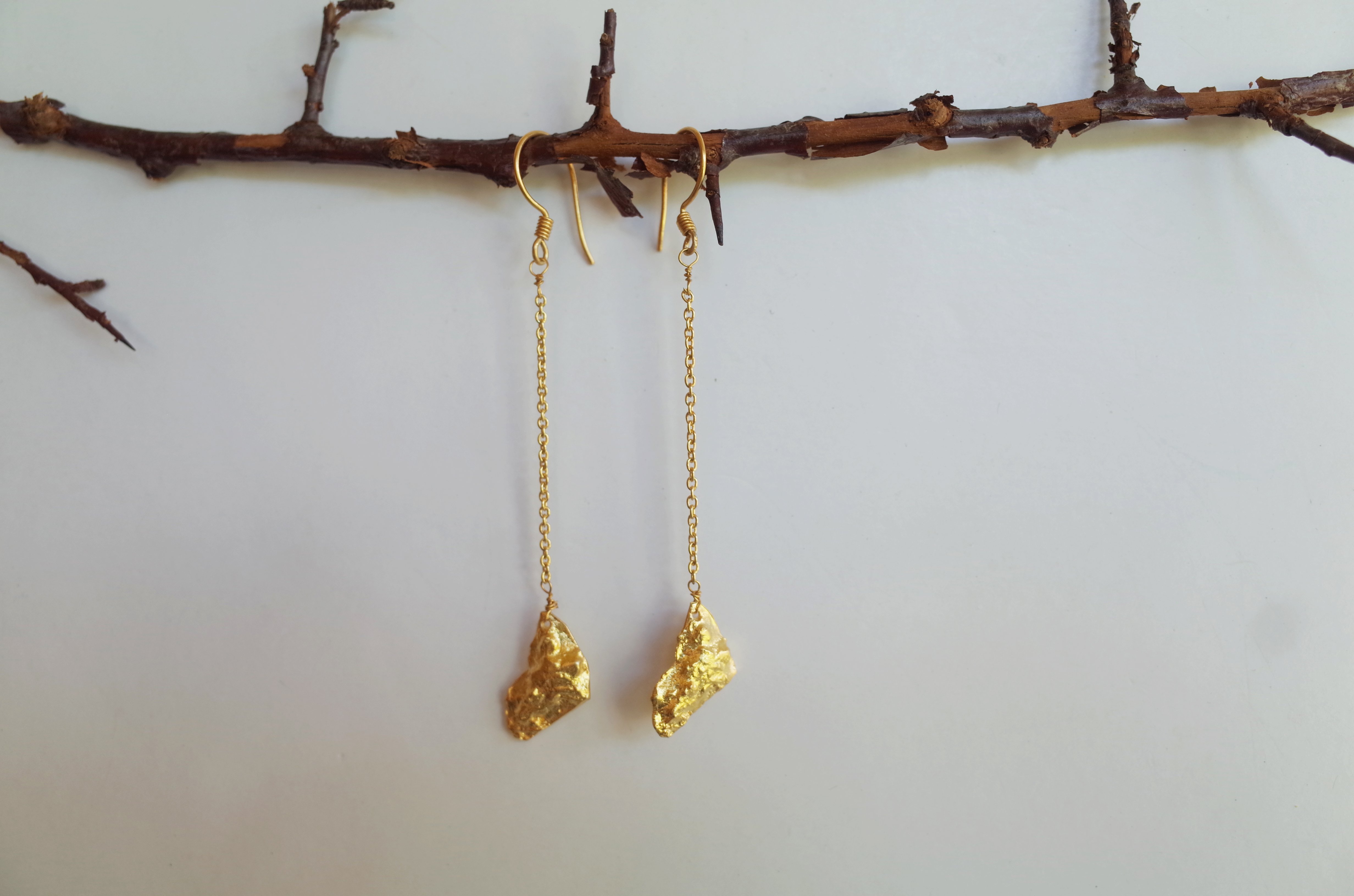 Elegant Studio 54 Gold Nugget Earrings with 24kt gold overlay, featuring delicate chains and French wires.