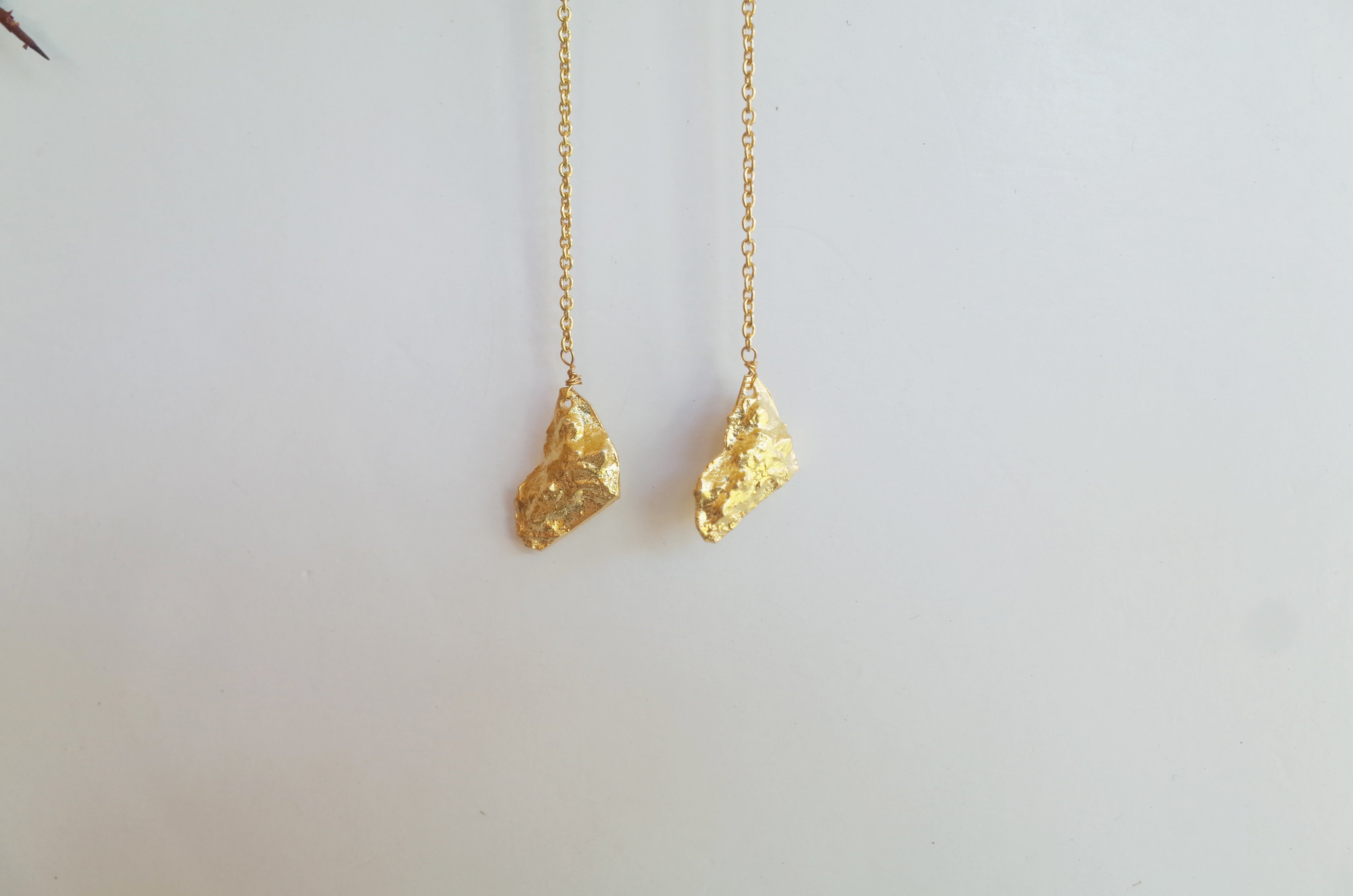 Elegant Studio 54 Gold Nugget Earrings with 24kt gold overlay, featuring delicate chains and French wires.