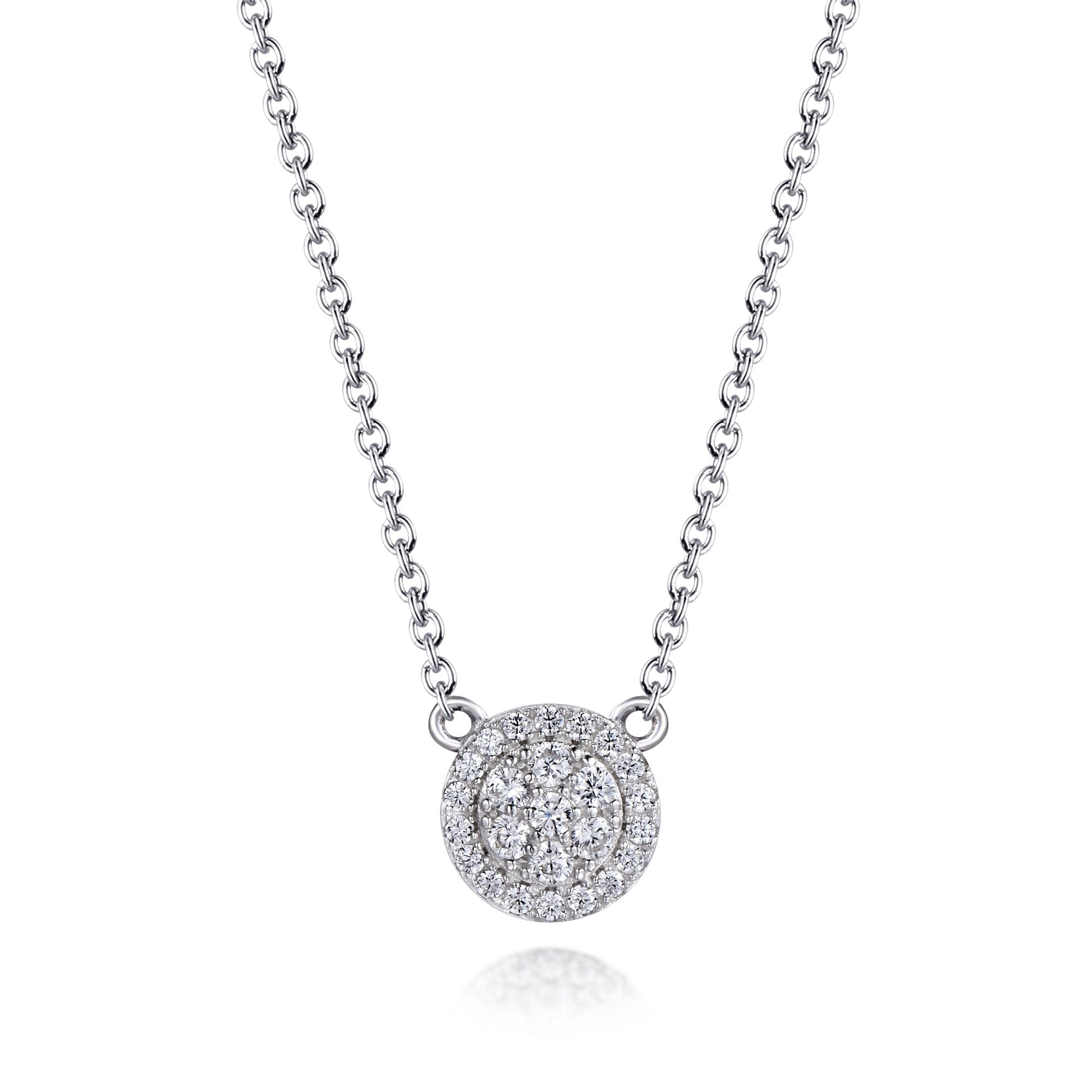 A stunning circle necklace made of 925 sterling silver with a white gold finish and a white sapphire stone, elegantly displayed on a soft background.