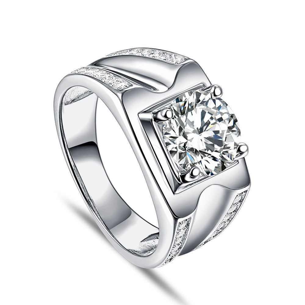 A stunning men's ring made of 925 sterling silver with a white gold surface and a sparkling white sapphire stone.