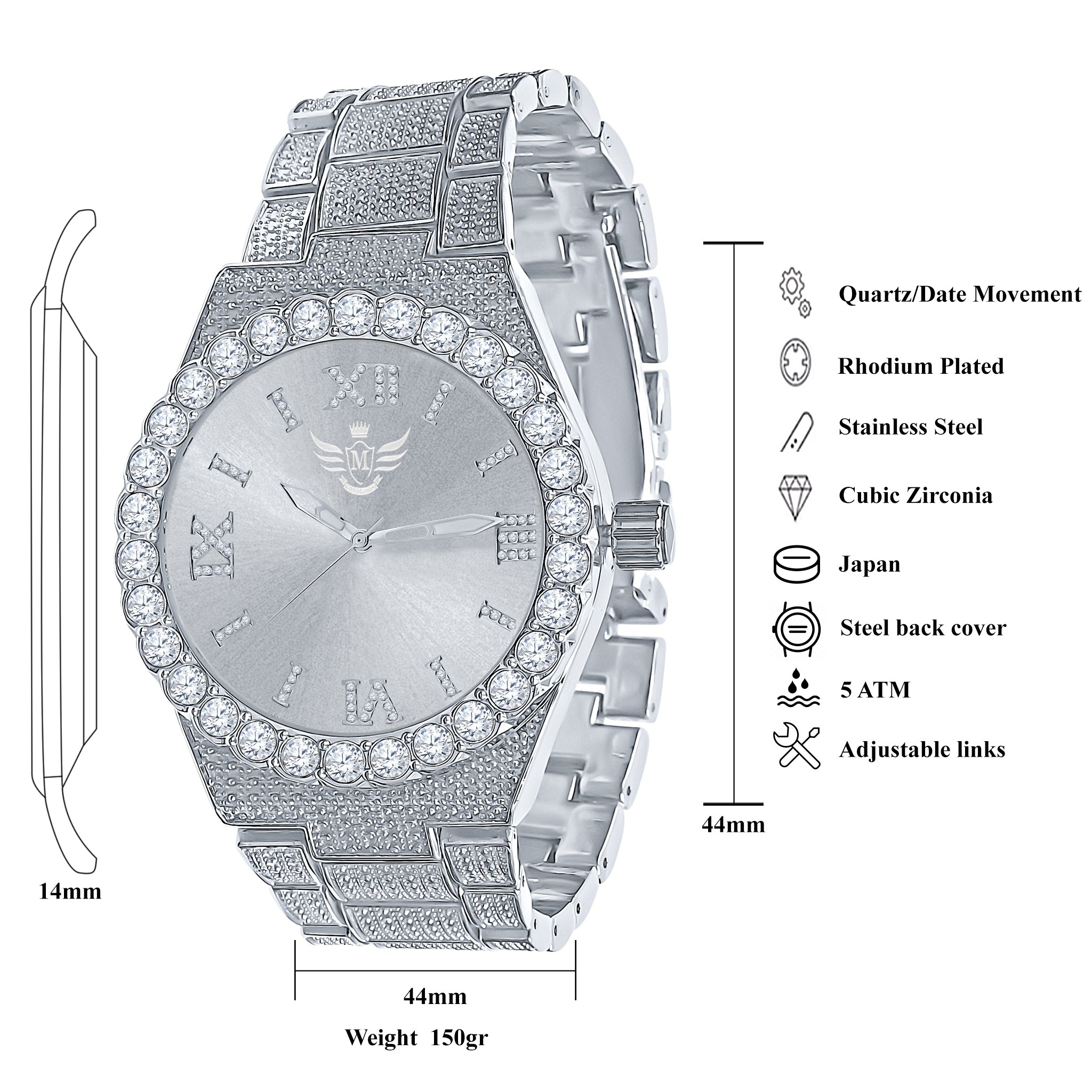 Stylish STYLIN Hip Hop Metal Watch featuring a bling metal design, Roman hour indicators, and a luxurious CZ stone bezel.