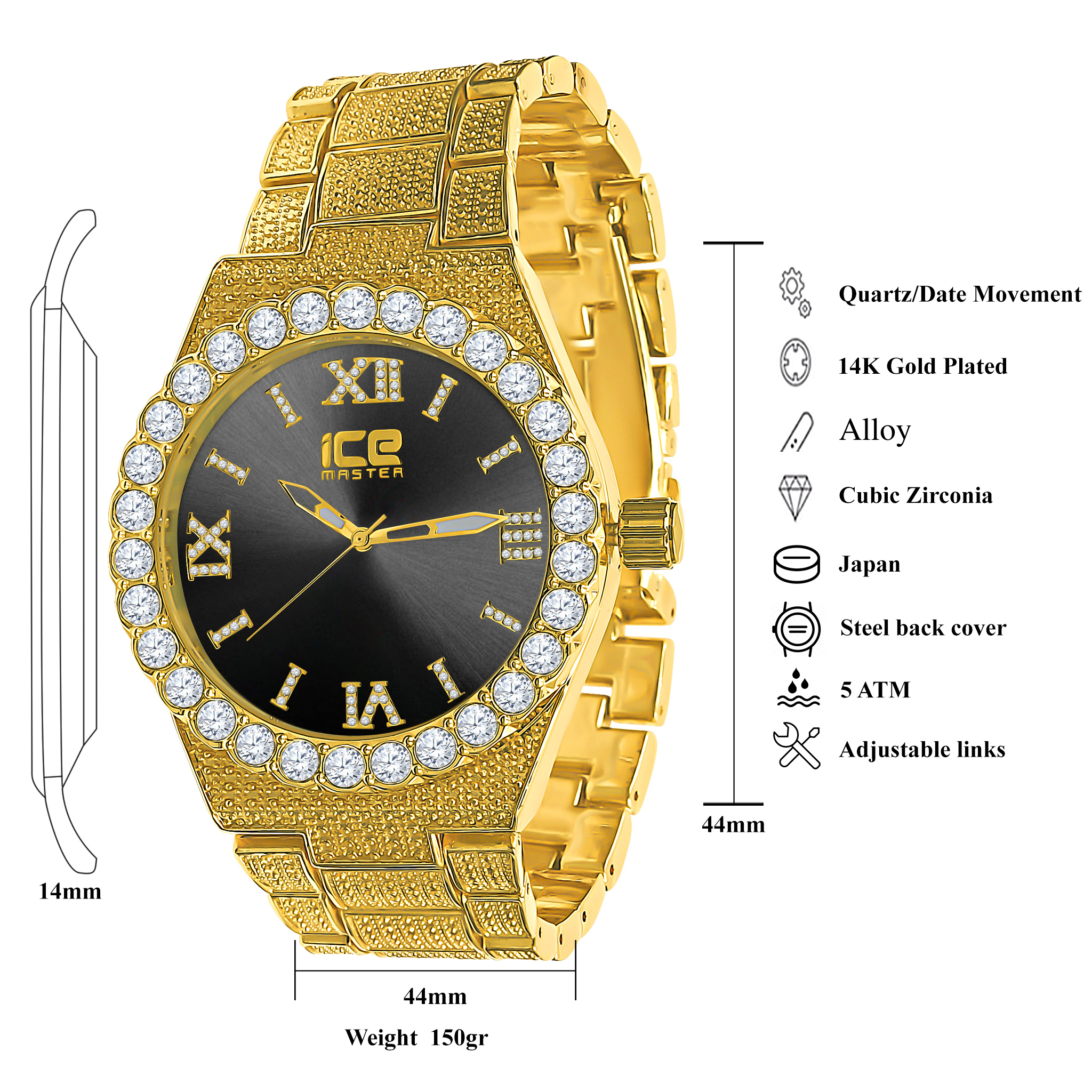 Stylish STYLIN Hip Hop Metal Watch featuring Roman hour indicators and a luxurious CZ stone bezel.