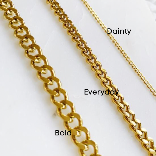 Stylish Cuban Chain Necklace in gold with varying widths, showcasing its elegant design and quality craftsmanship.