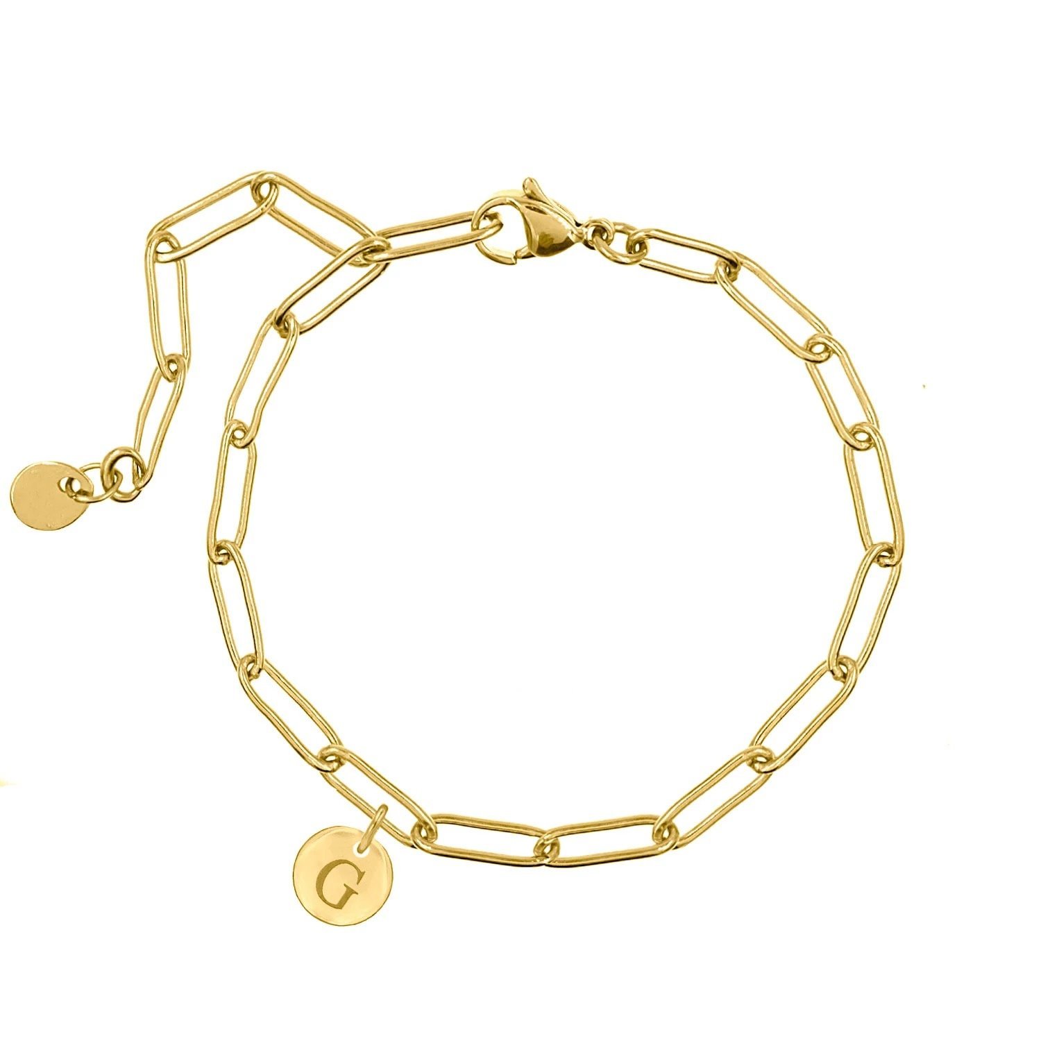 Stylish Initial Charm Bracelet featuring a linked chain and personalized initial charm, crafted from gold-dipped stainless steel.