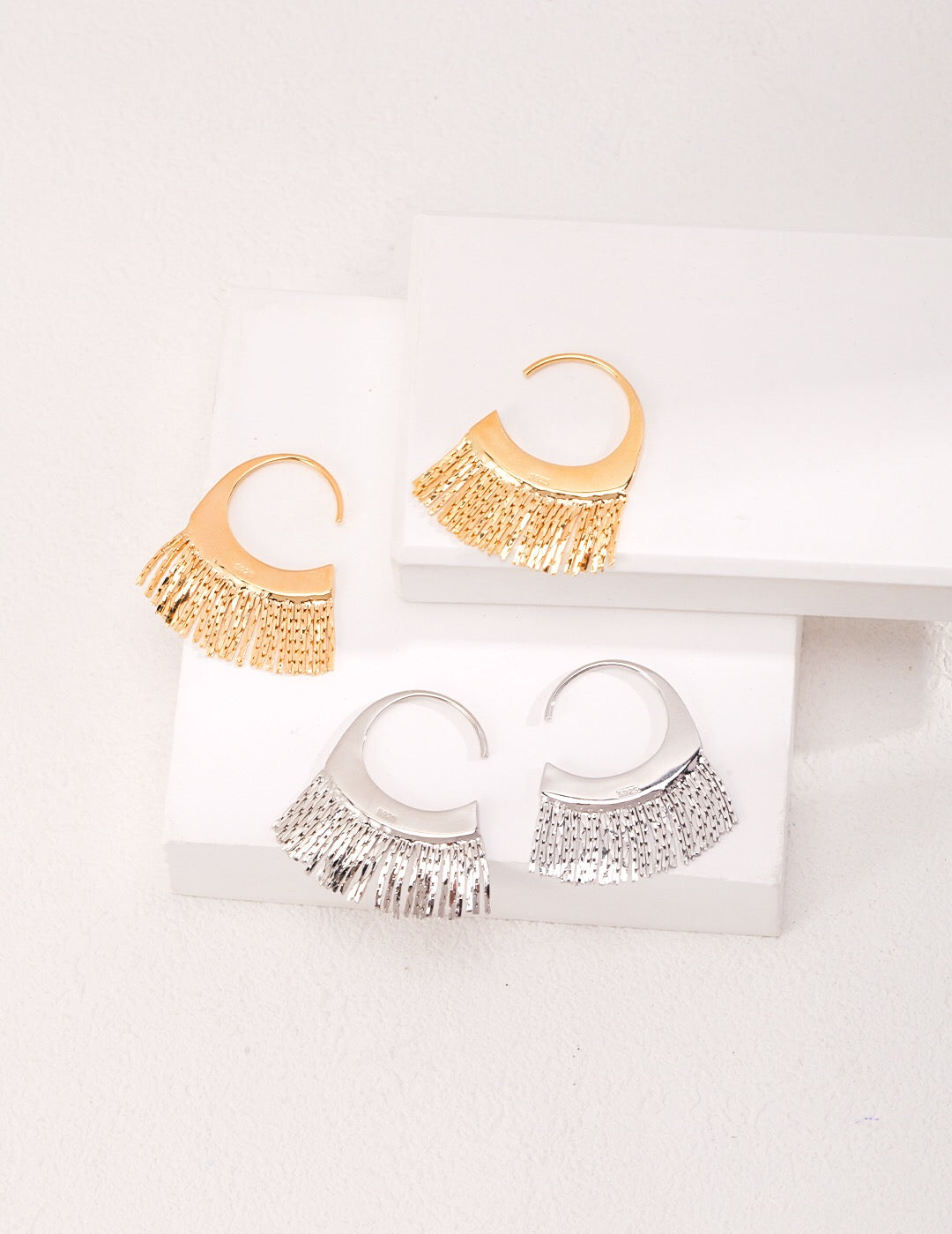 Stylish Scalloped Tassel Earrings in gold vermeil, showcasing a chic design with a scalloped edge and tassel detail.