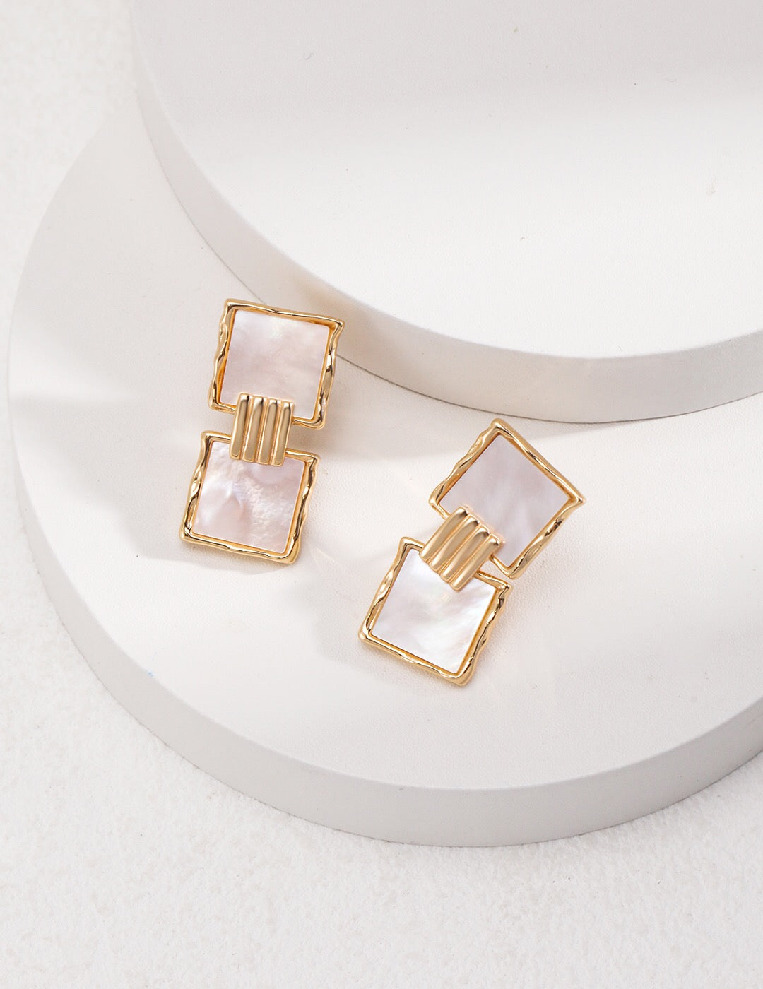 Stylish Square Shell Pendant Dangle Earrings featuring gold vermeil and shell materials, elegantly designed for a luxurious look.