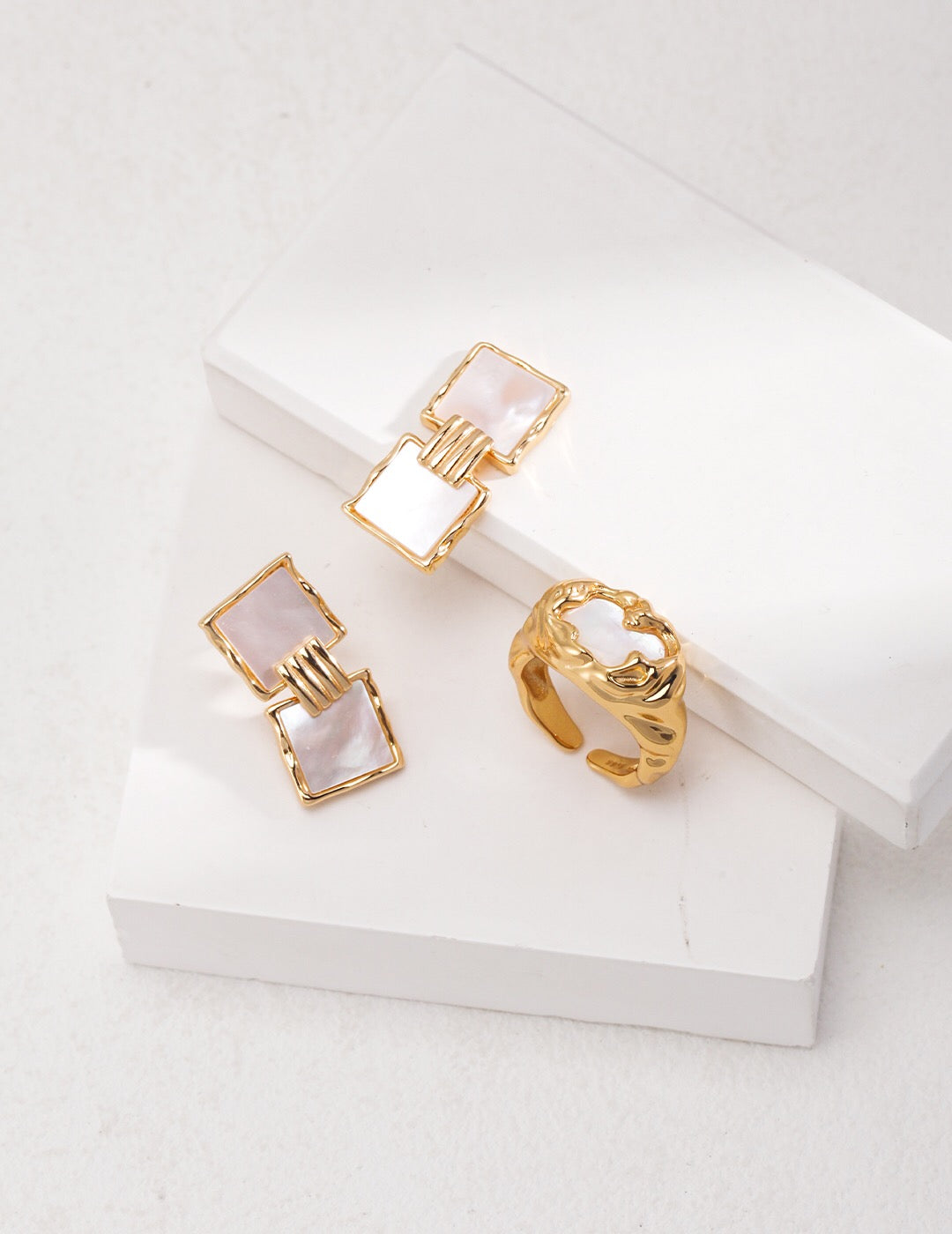 Stylish Square Shell Pendant Dangle Earrings featuring gold vermeil and shell materials, elegantly designed for a luxurious look.