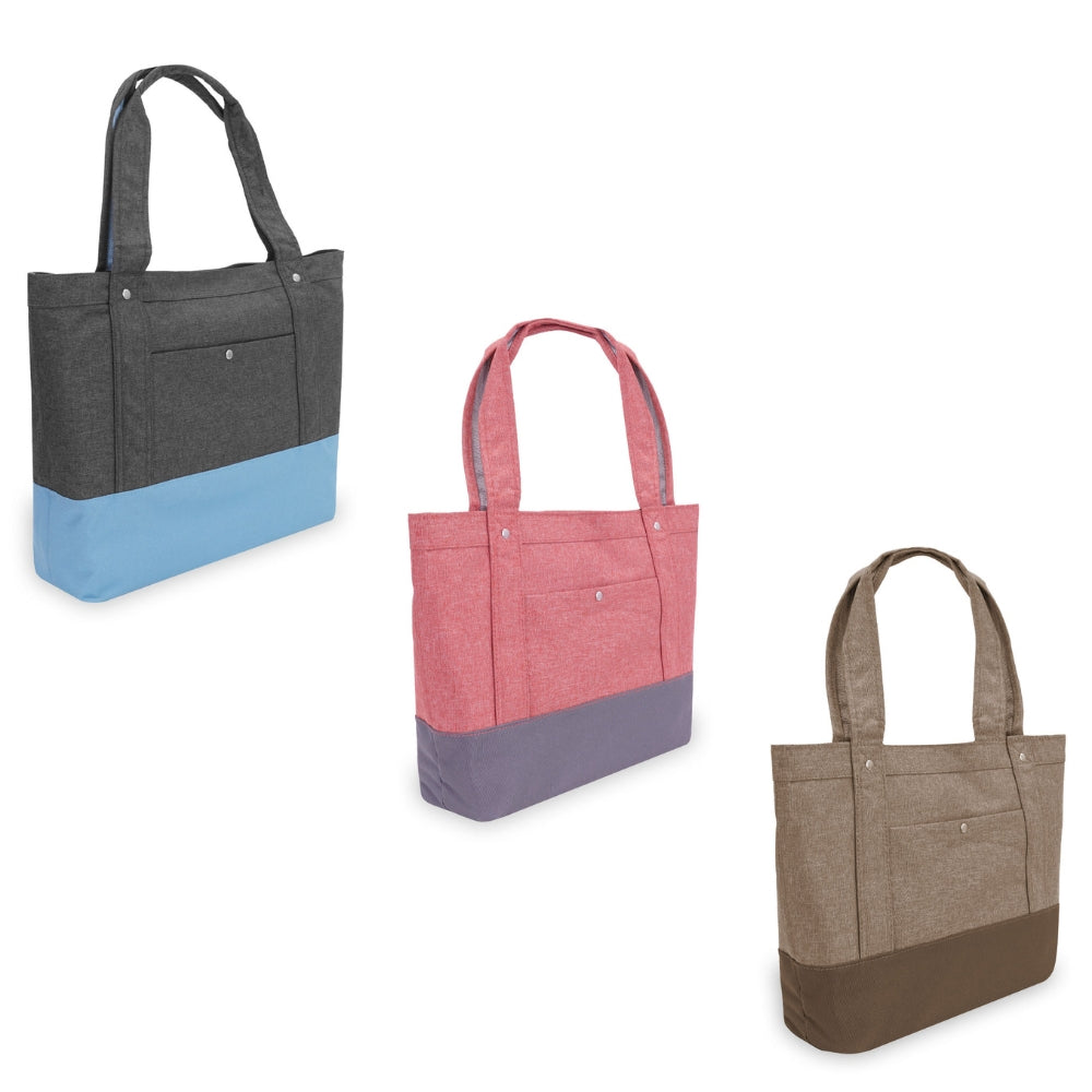 Stylish Tablet Tote Bag in trendy two-tone colors with padded tablet sleeve and outer pocket.