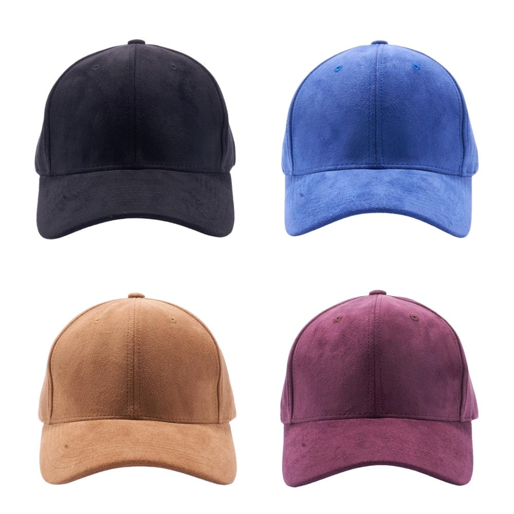 A pack of six stylish suede baseball caps in various colors, featuring a flat visor and adjustable velcro closure.