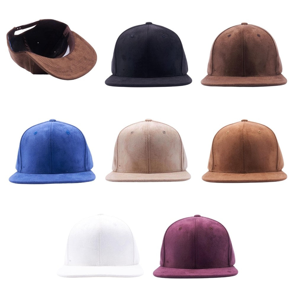 A pack of 6 stylish suede snapback hats in various colors, featuring a flat visor and adjustable snap closure.