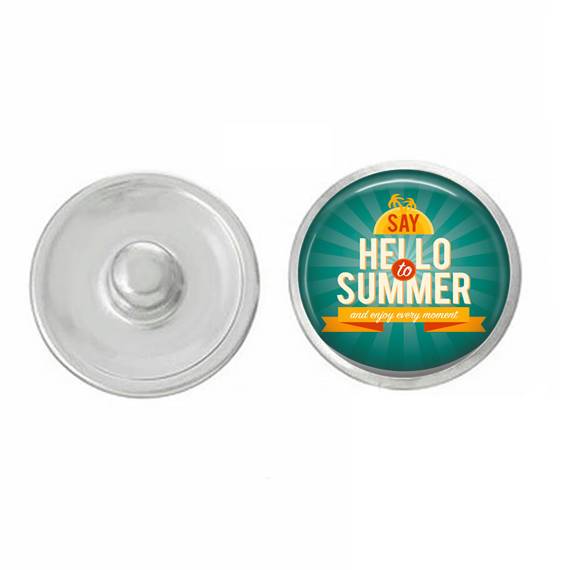 Hello Summer Snap, a hand-pressed 7/8” round snap designed for jewelry, showcasing vibrant summer colors and intricate details.