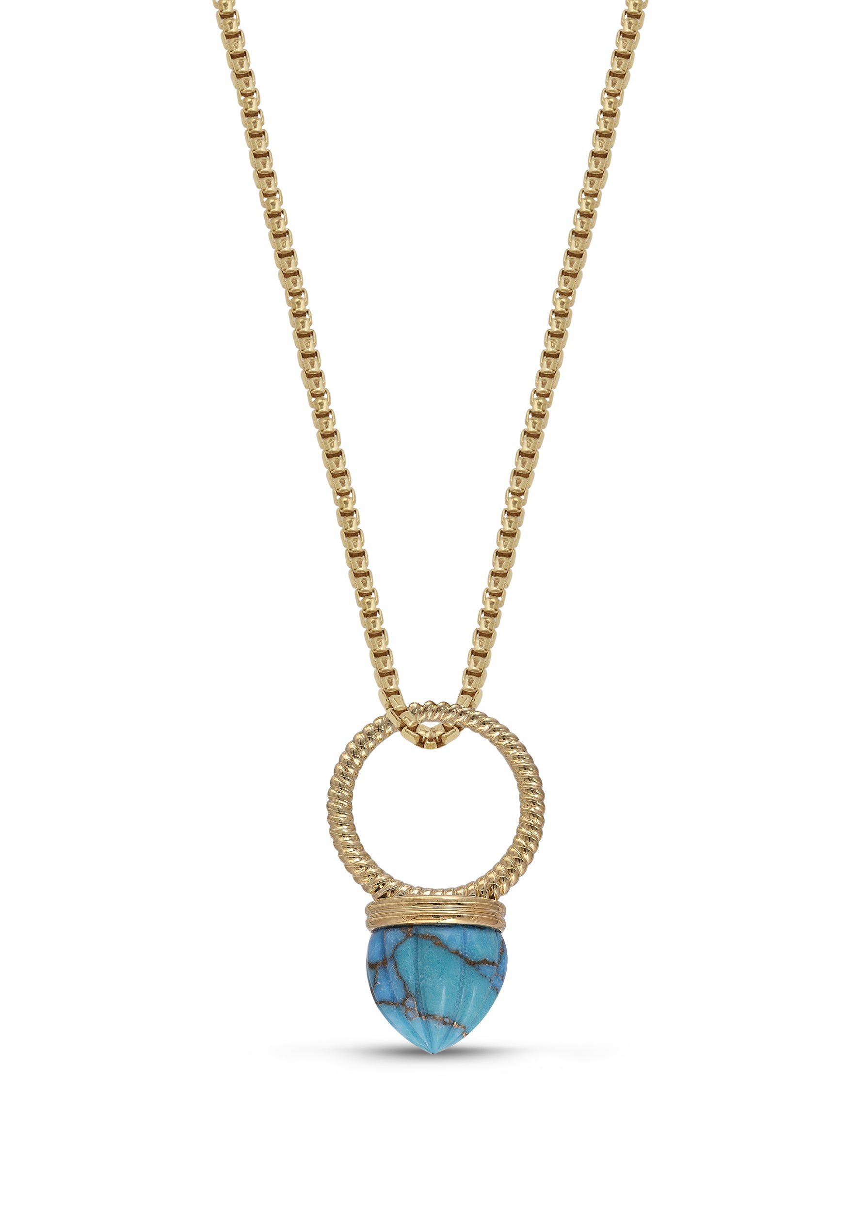 A stunning turquoise single stone ring and pendant set in 14K yellow gold, showcasing its vibrant color and elegant design.