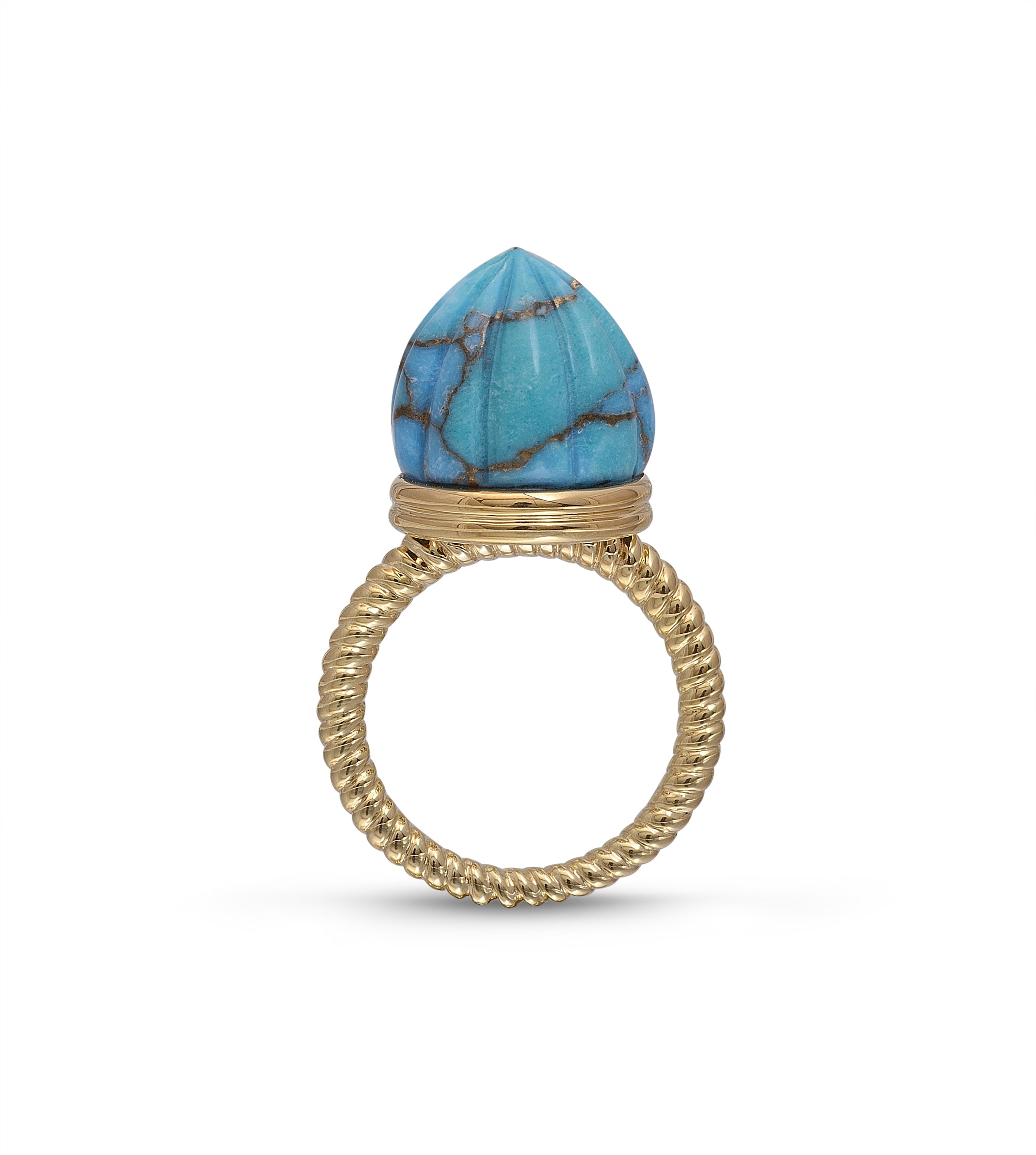 A stunning turquoise single stone ring and pendant set in 14K yellow gold, showcasing its vibrant color and elegant design.