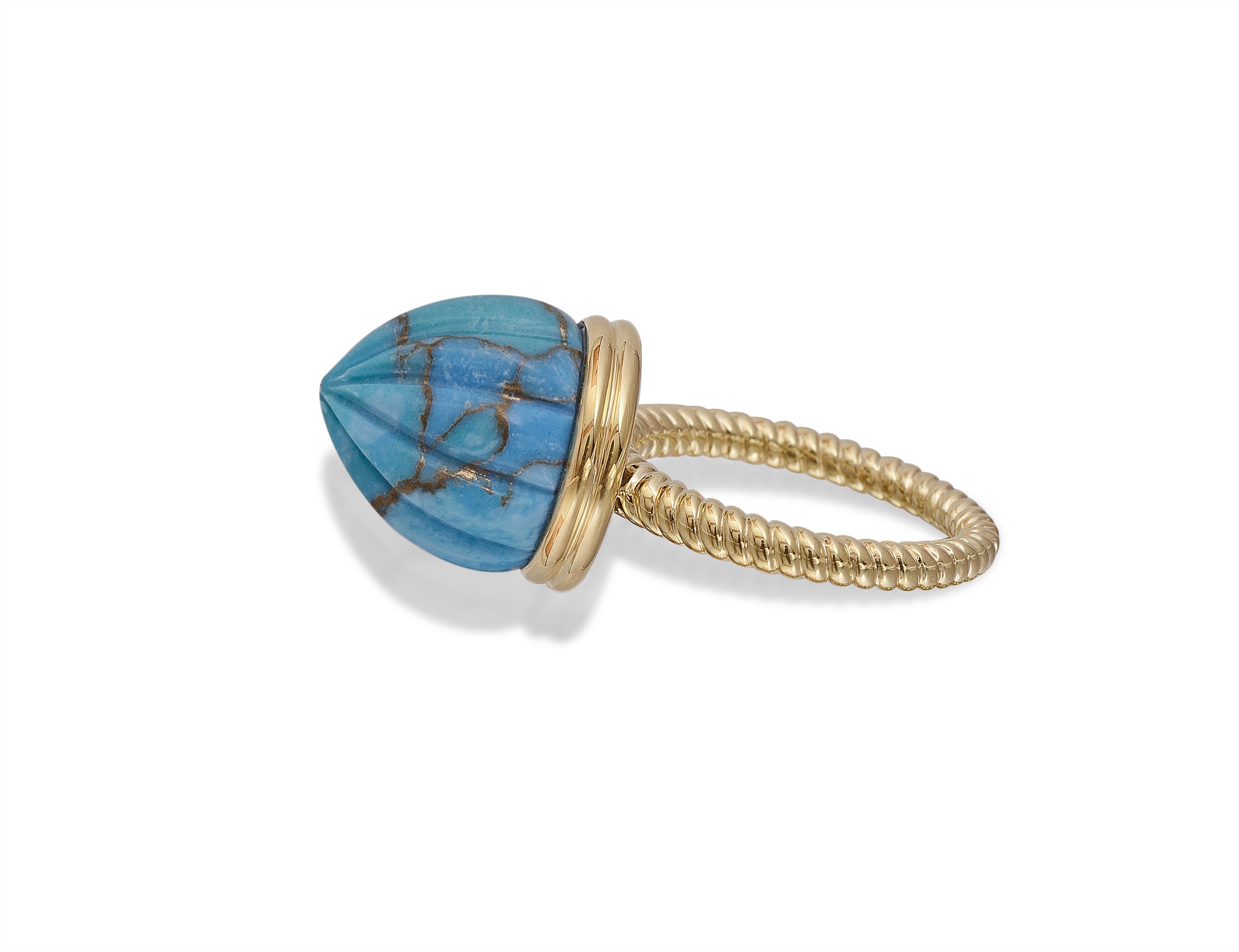 A stunning turquoise single stone ring and pendant set in 14K yellow gold, showcasing its vibrant color and elegant design.