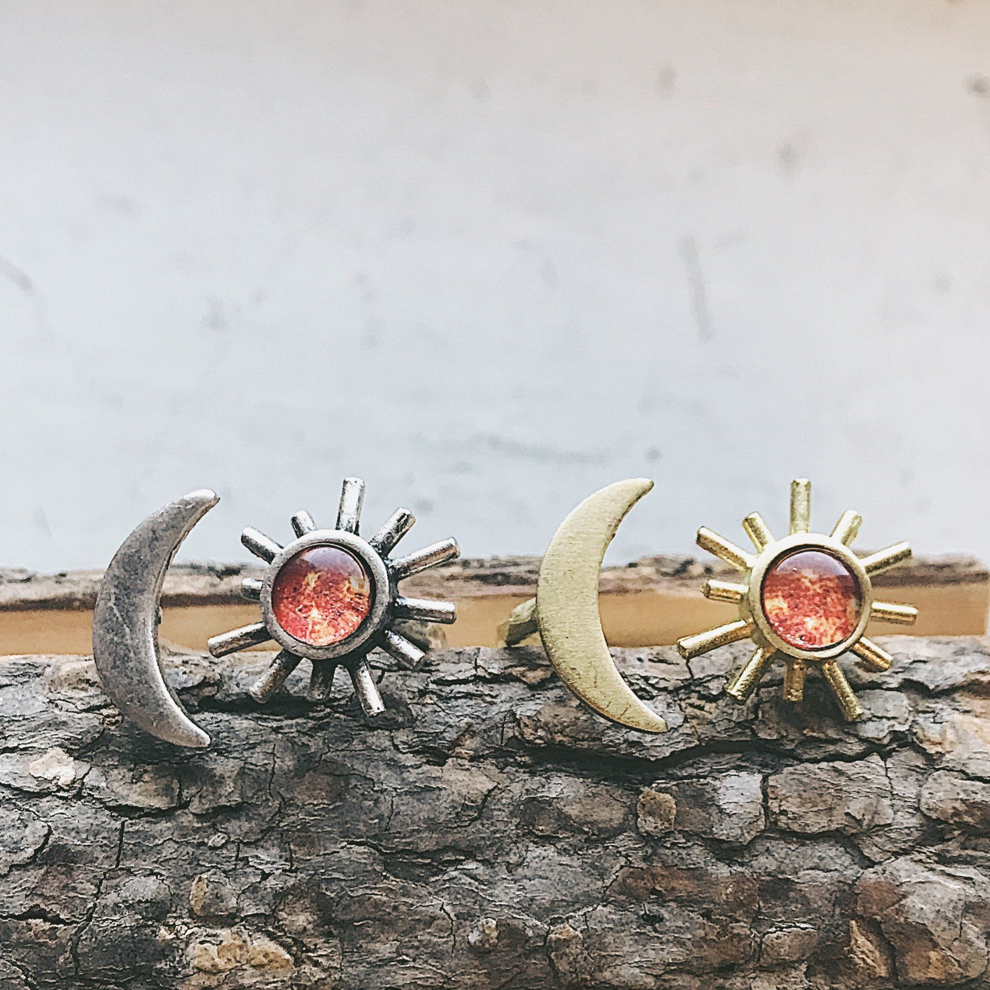 A beautifully handcrafted Sun and Moon Sculptural Statement Ring featuring a vibrant sun and serene moon design, available in silver or gold tone.