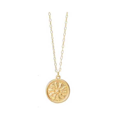 A beautiful Sun Pendant Necklace featuring a gold plated brass chain and a 2 cm sun coin charm, elegantly displayed in a gift box.