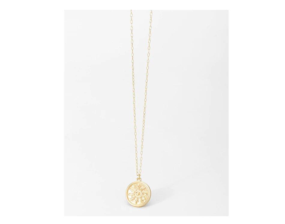 A beautiful Sun Pendant Necklace featuring a gold plated brass chain and a 2 cm sun coin charm, elegantly displayed in a gift box.