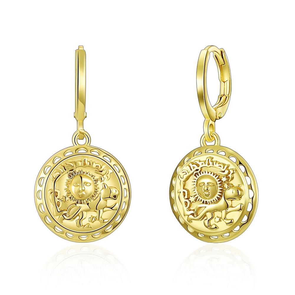 Elegant Sun Scribed Medallion Drop Earrings in 14K Gold, showcasing intricate design and luxurious finish.