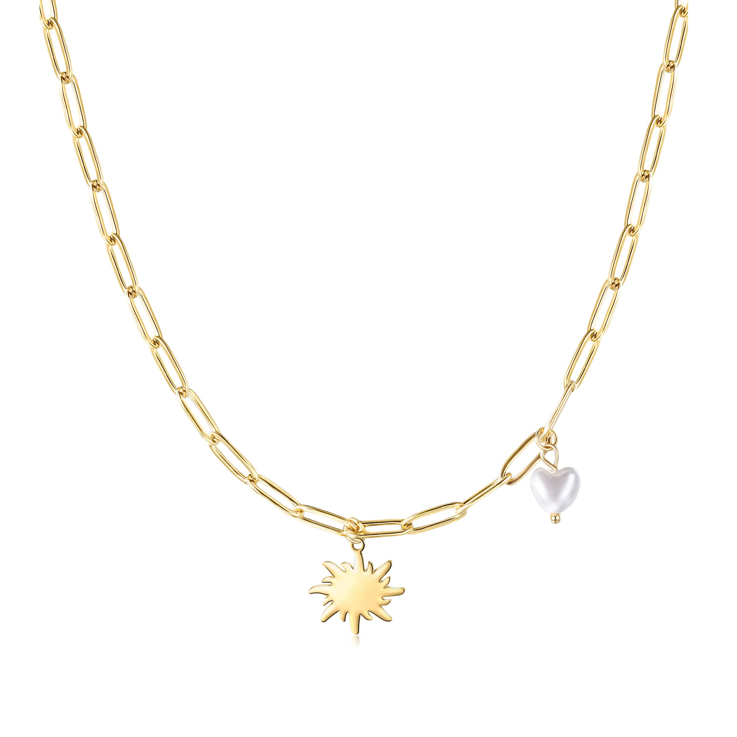 A beautiful Sun with Heart-shaped Pearl Pendant Necklace made of stainless steel with gold plating, featuring a heart-shaped pearl.