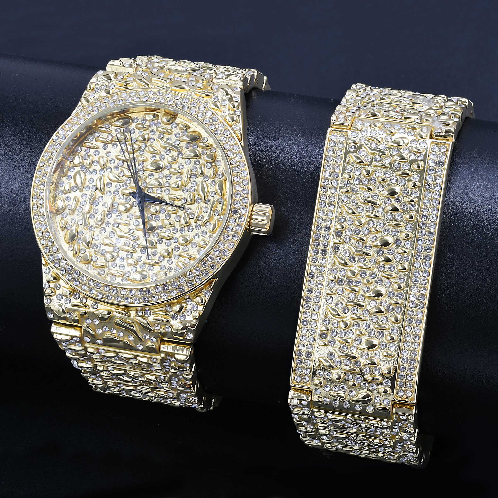 SUNDIAL Ultra Bling Watch Set featuring a gold color watch and matching bracelet, showcasing a stylish design with adjustable links.