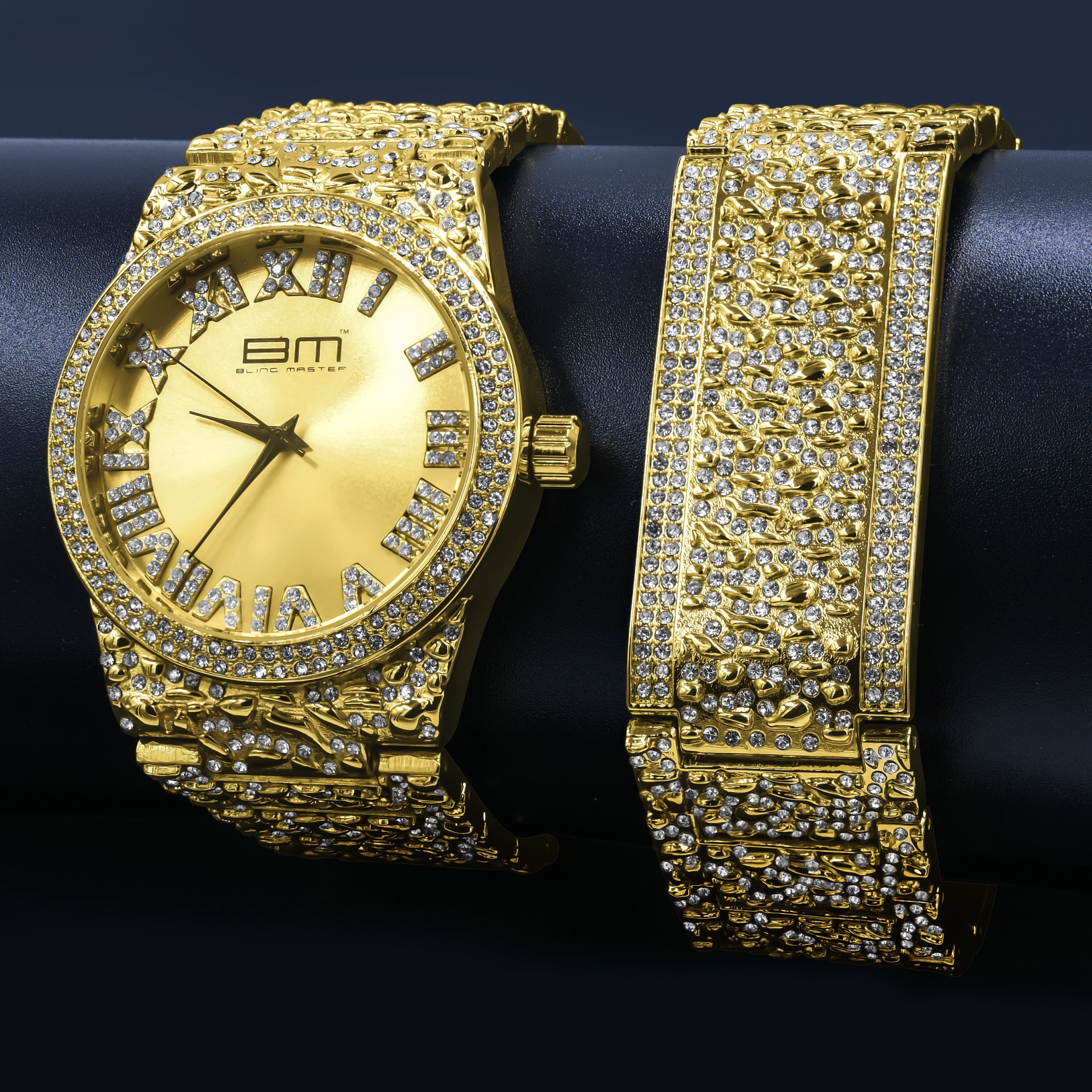 SUNDIAL Ultra Bling Watch Set featuring a gold color watch and matching bracelet, showcasing a stylish design with adjustable links.