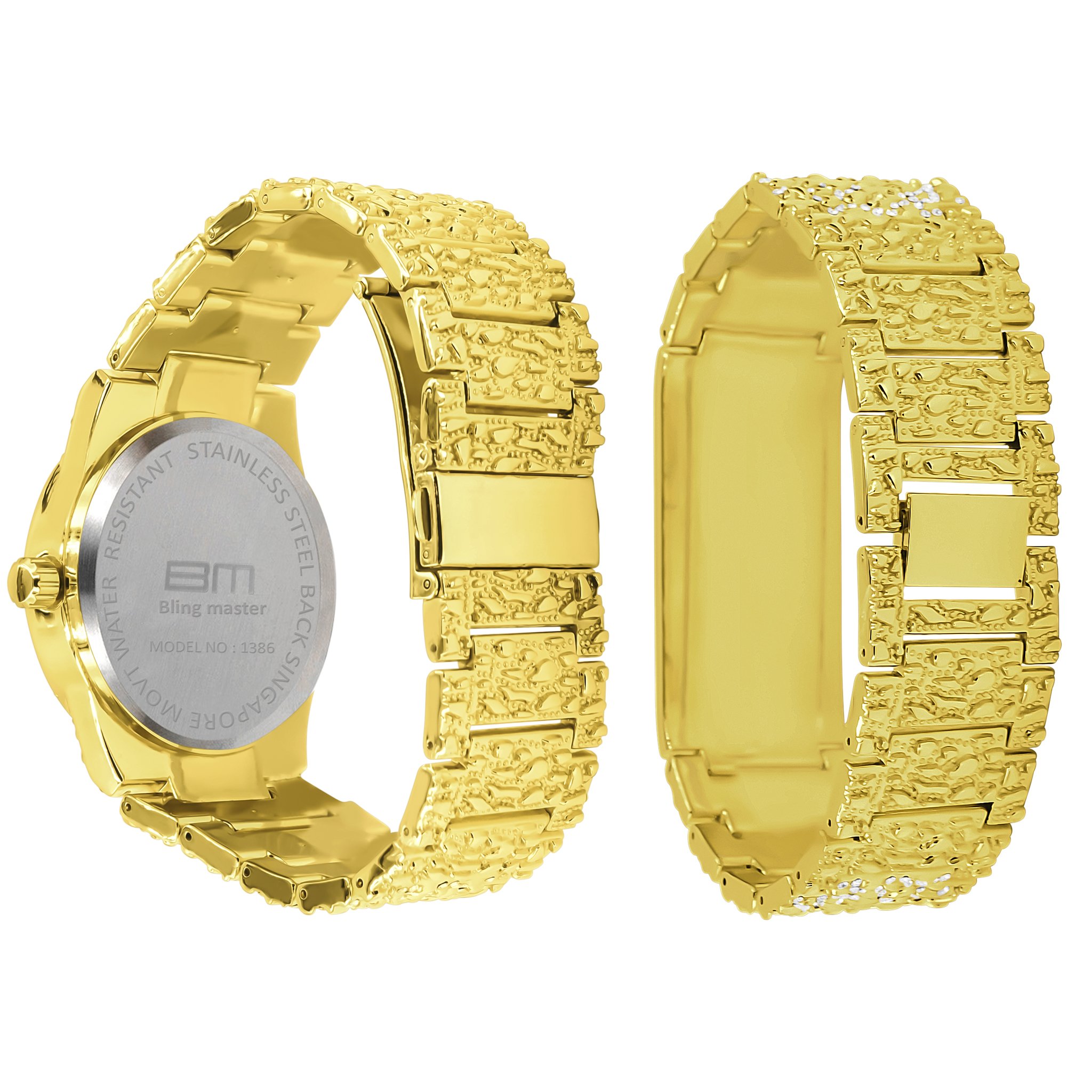 SUNDIAL Ultra Bling Watch Set featuring a gold color watch and matching bracelet, showcasing a stylish design with adjustable links.