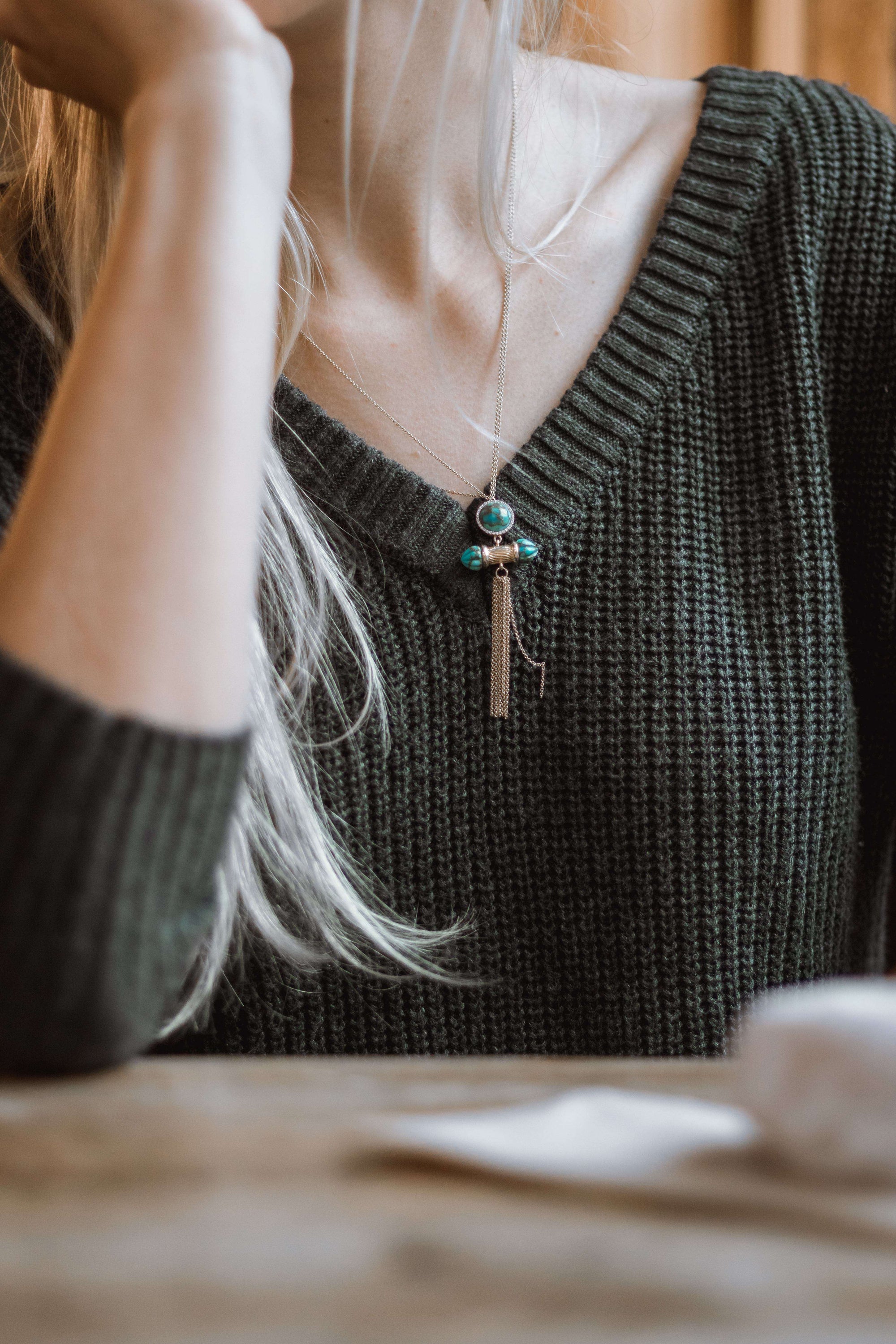 Sunkissed Turquoise & Diamond Fringe Necklace featuring turquoise stones and diamonds set in 14K yellow gold plating, displayed elegantly on a white background.