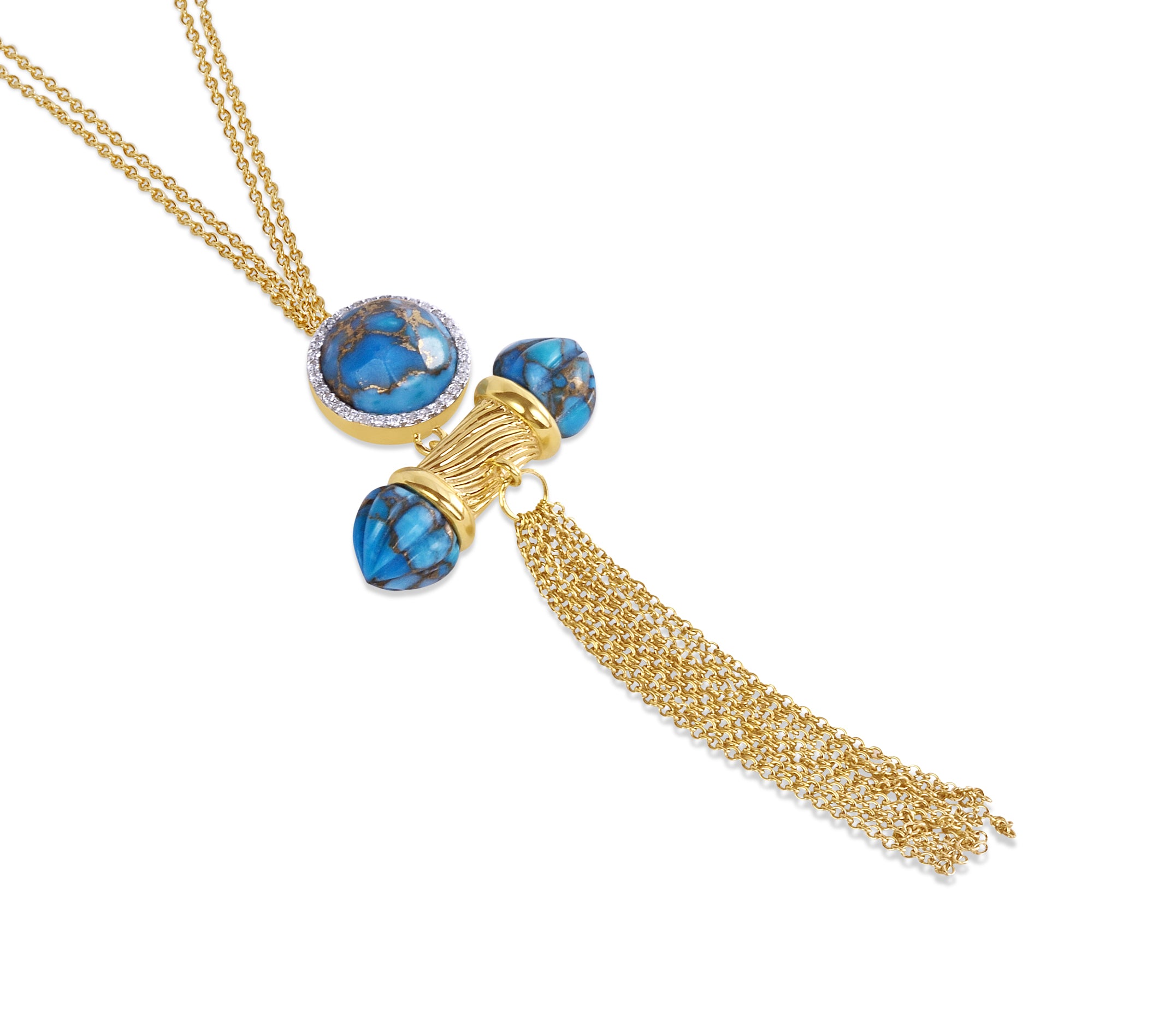 Sunkissed Turquoise & Diamond Fringe Necklace featuring turquoise stones and diamonds set in 14K yellow gold plating, displayed elegantly on a white background.