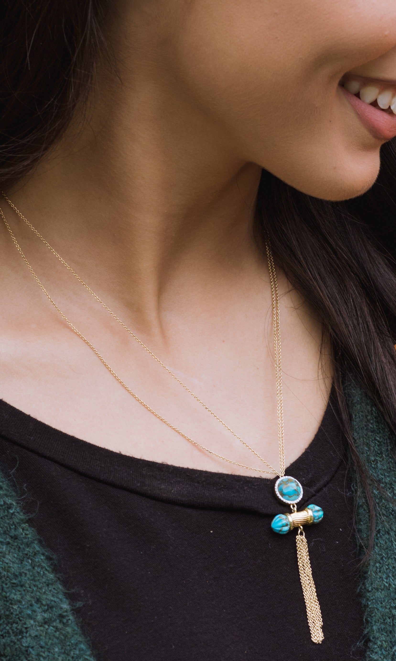 Sunkissed Turquoise & Diamond Fringe Necklace featuring turquoise stones and diamonds set in 14K yellow gold plating, displayed elegantly on a white background.