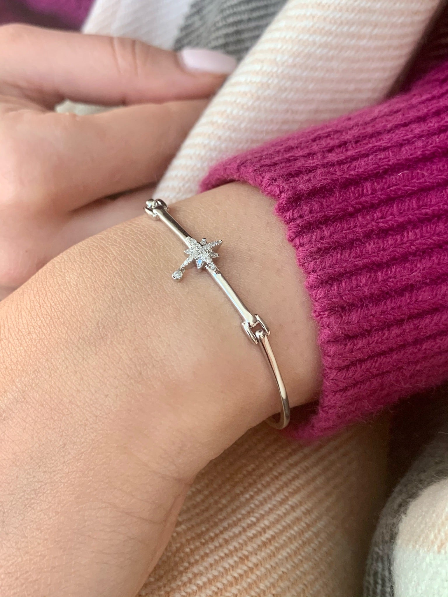 Supernova Bezel Drop Diamond Bangle in Sterling Silver featuring genuine diamonds and adjustable chain element.