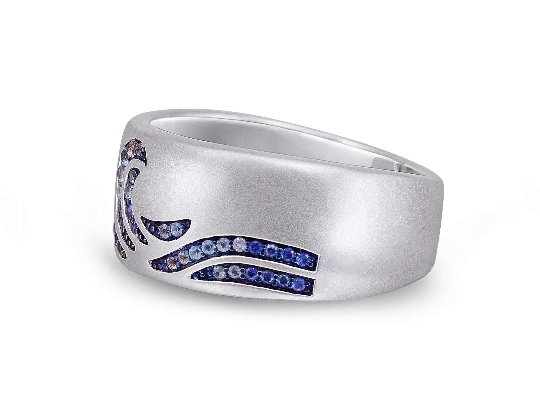 Surf's Up Sterling Silver Band Ring featuring blue sapphire and topaz stones with surf wave motifs.