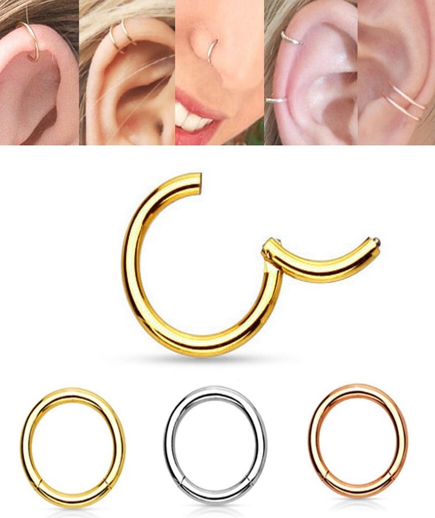 A stylish surgical steel hinged septum ring, elegantly designed and available in various colors and sizes.